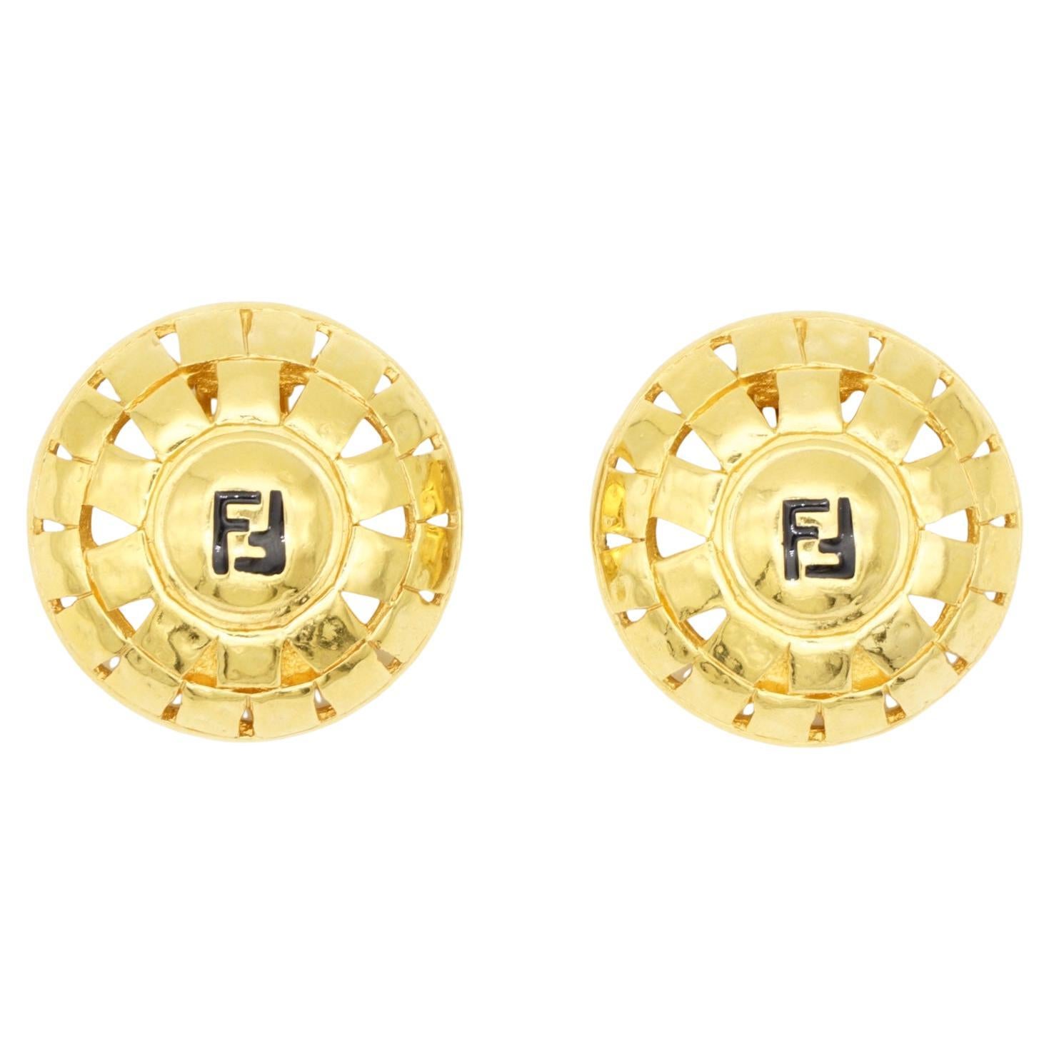 Fendi Vintage 1980s Fendista Logo F Baroque Round Openwork Dome Clip Earrings For Sale