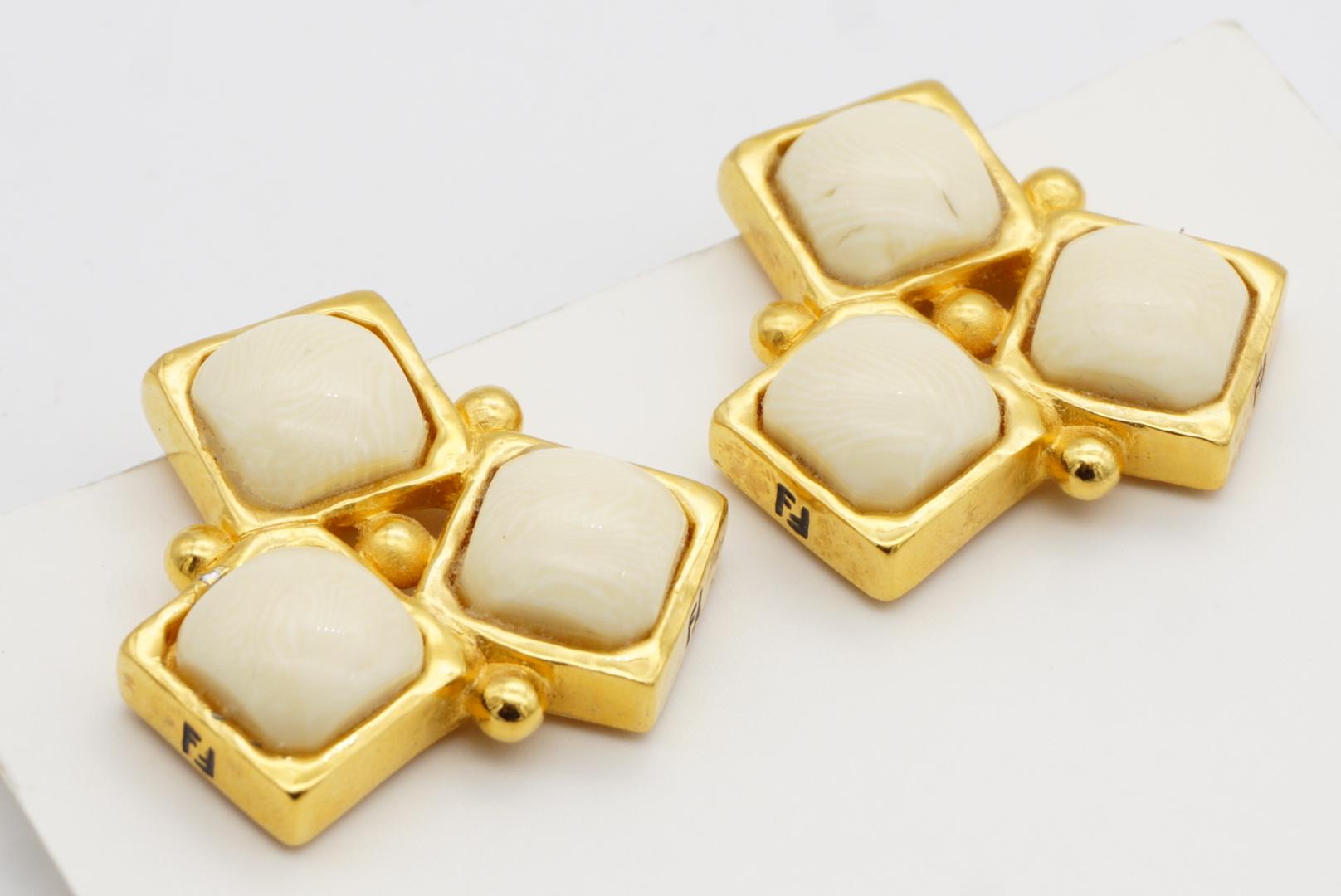 Fendi Vintage 1980s Fendista Logo FF Ivory Geometric Trio Square Clip Earrings For Sale 5
