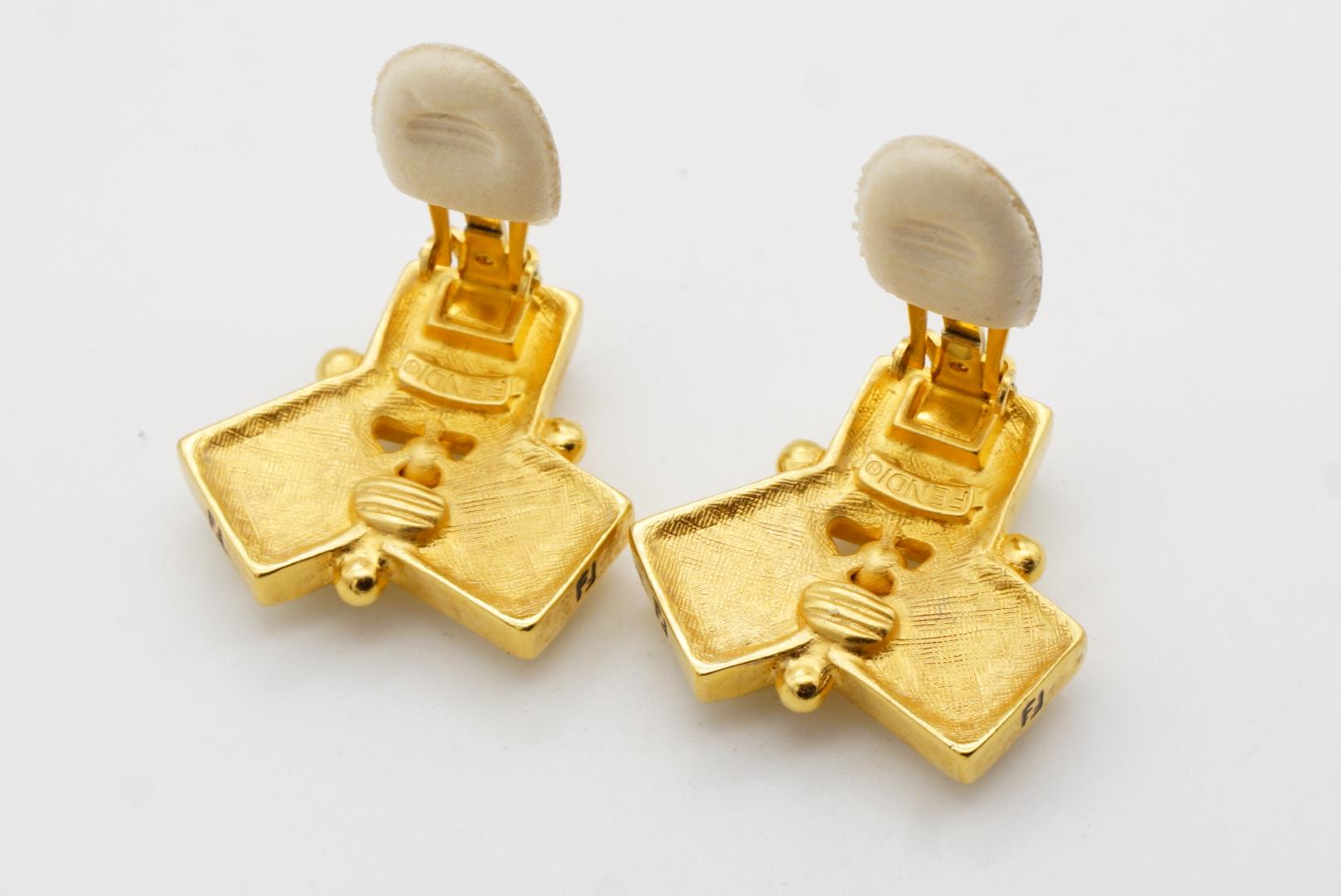 Fendi Vintage 1980s Fendista Logo FF Ivory Geometric Trio Square Clip Earrings For Sale 8
