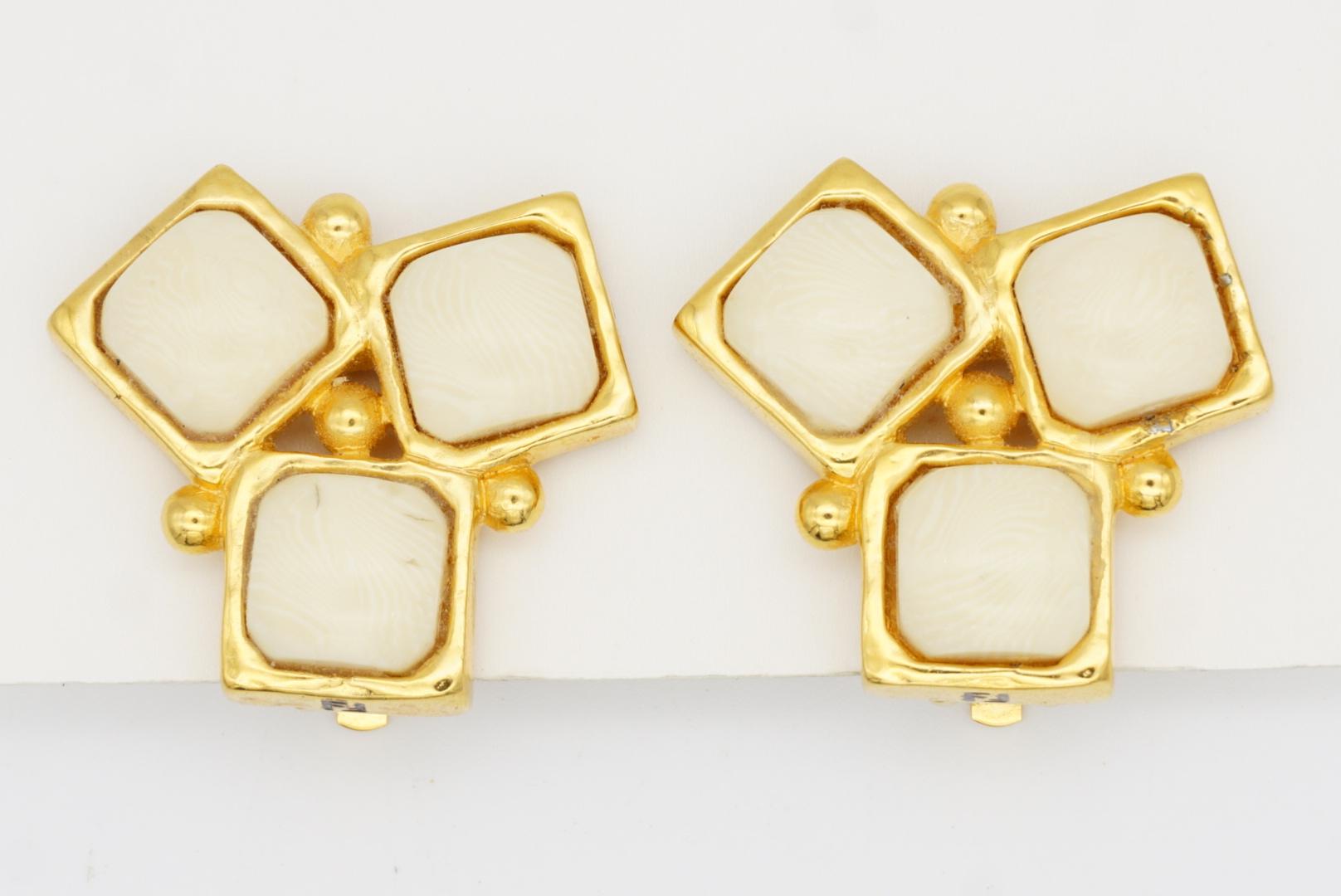 Fendi Vintage 1980s Fendista Logo FF Ivory Geometric Trio Square Clip Earrings For Sale 3
