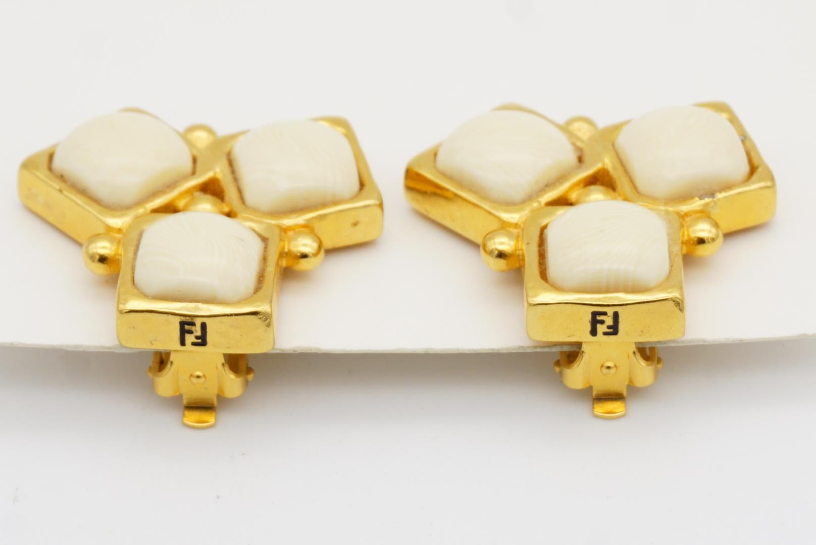 Fendi Vintage 1980s Fendista Logo FF Ivory Geometric Trio Square Clip Earrings For Sale 4
