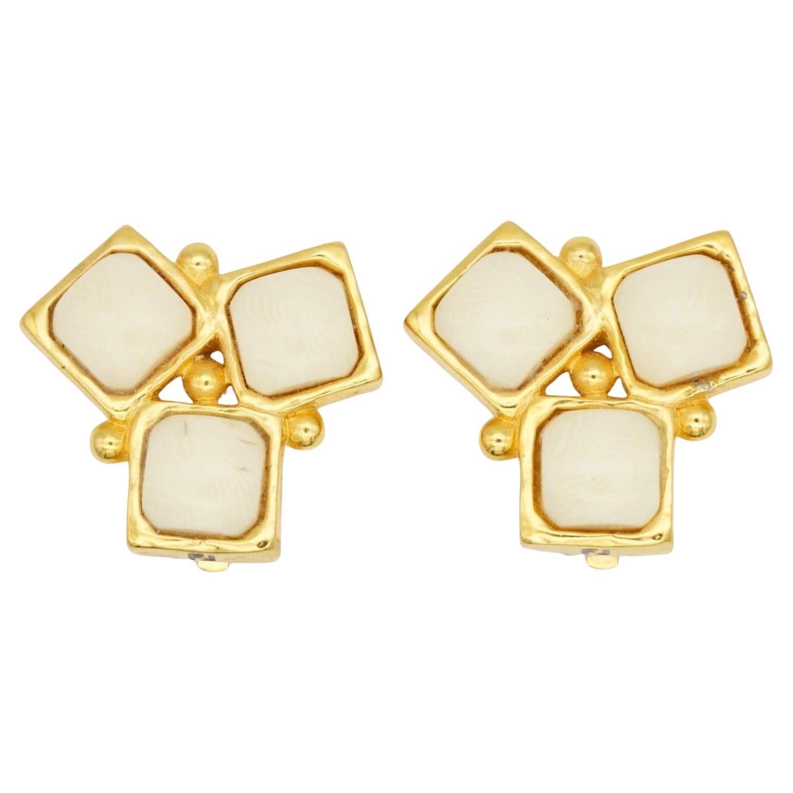 Fendi Vintage 1980s Fendista Logo FF Ivory Geometric Trio Square Clip Earrings For Sale