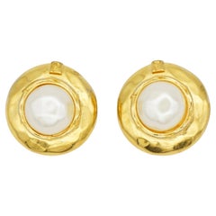 Fendi Vintage 1980s Gold Fendista Logo White Circle Round Pearl Domed Earrings