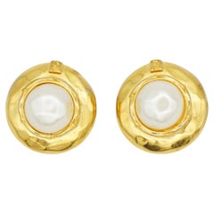Fendi Vintage 1980s Gold Fendista Logo White Circle Round Pearl Domed Earrings