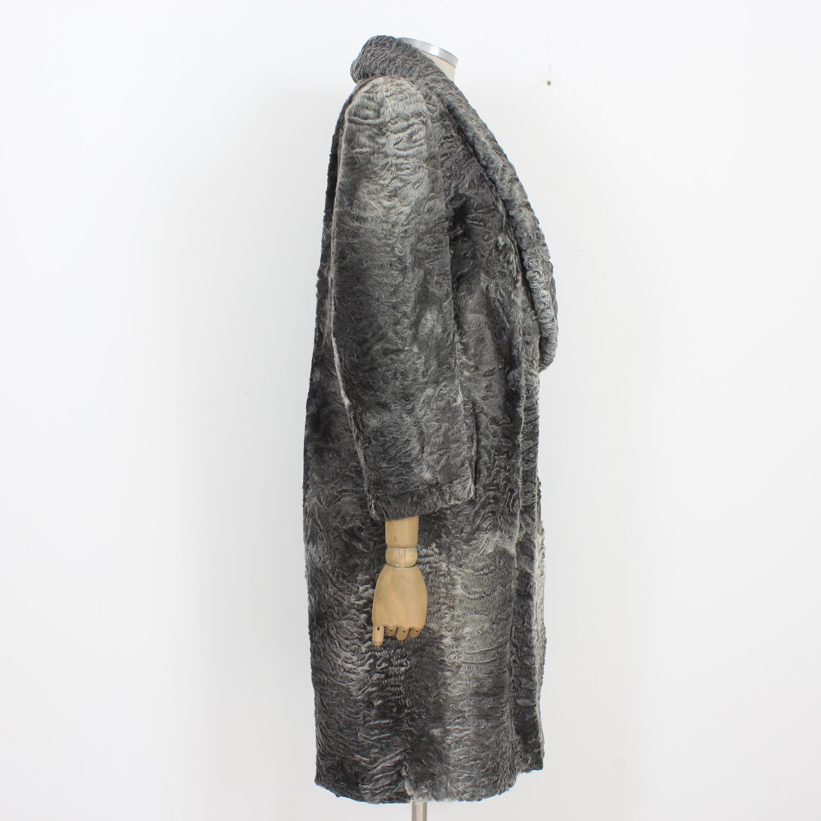 Women's Fendi Vintage 1980s Gray Astrakhan Lamb Fur Long Double-Breasted Coat Made Italy For Sale