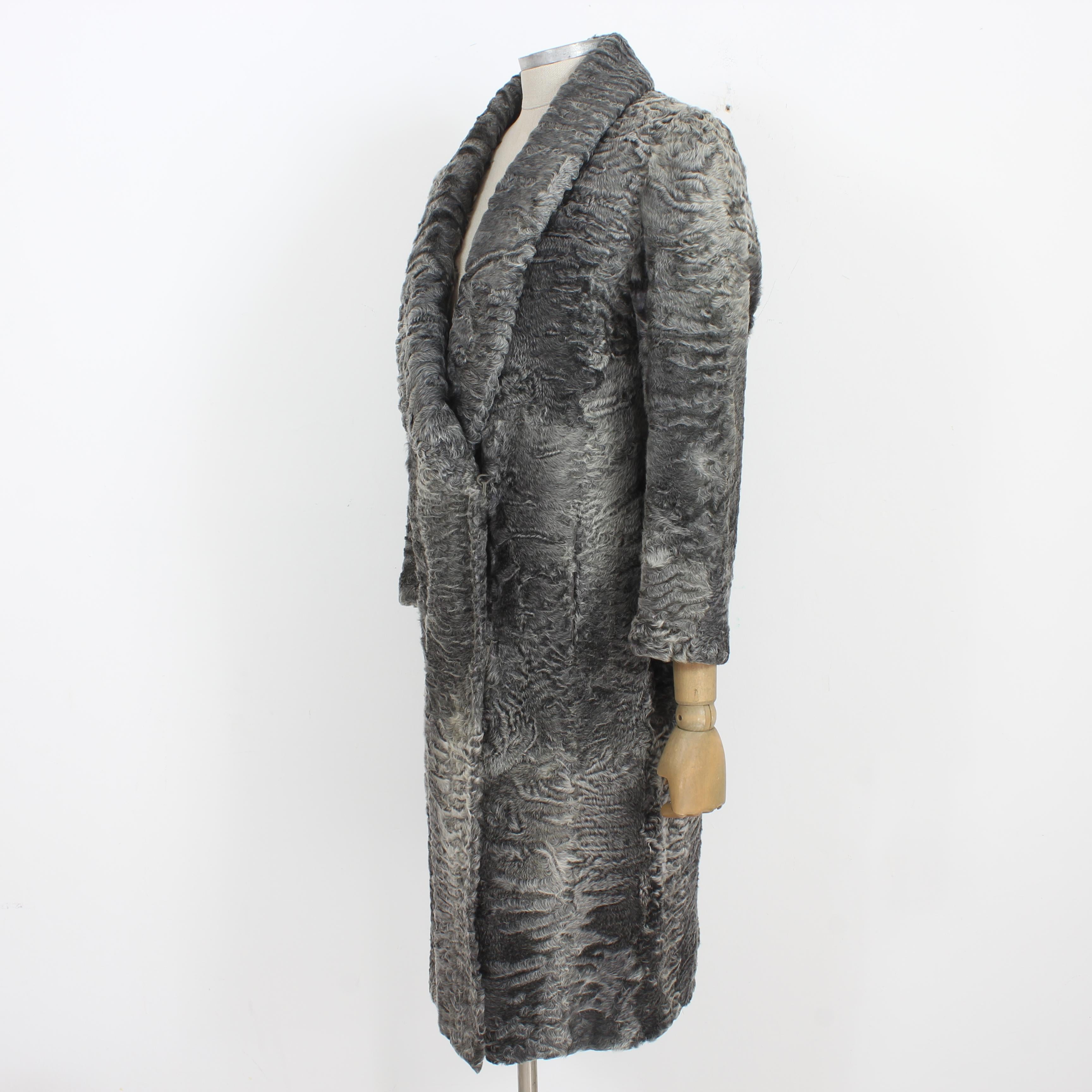 Fendi Vintage 1980s Gray Astrakhan Lamb Fur Long Double-Breasted Coat Made Italy For Sale 1