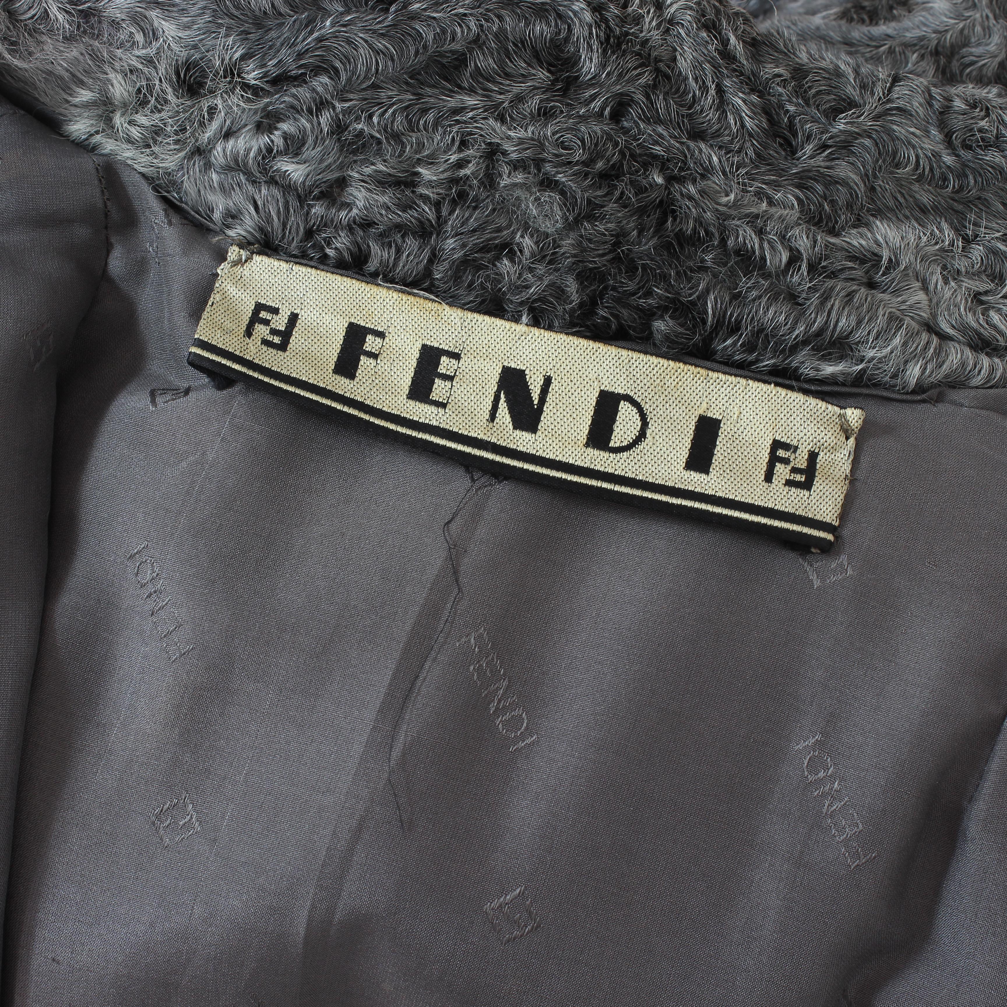 Fendi Vintage 1980s Gray Astrakhan Lamb Fur Long Double-Breasted Coat Made Italy For Sale 3
