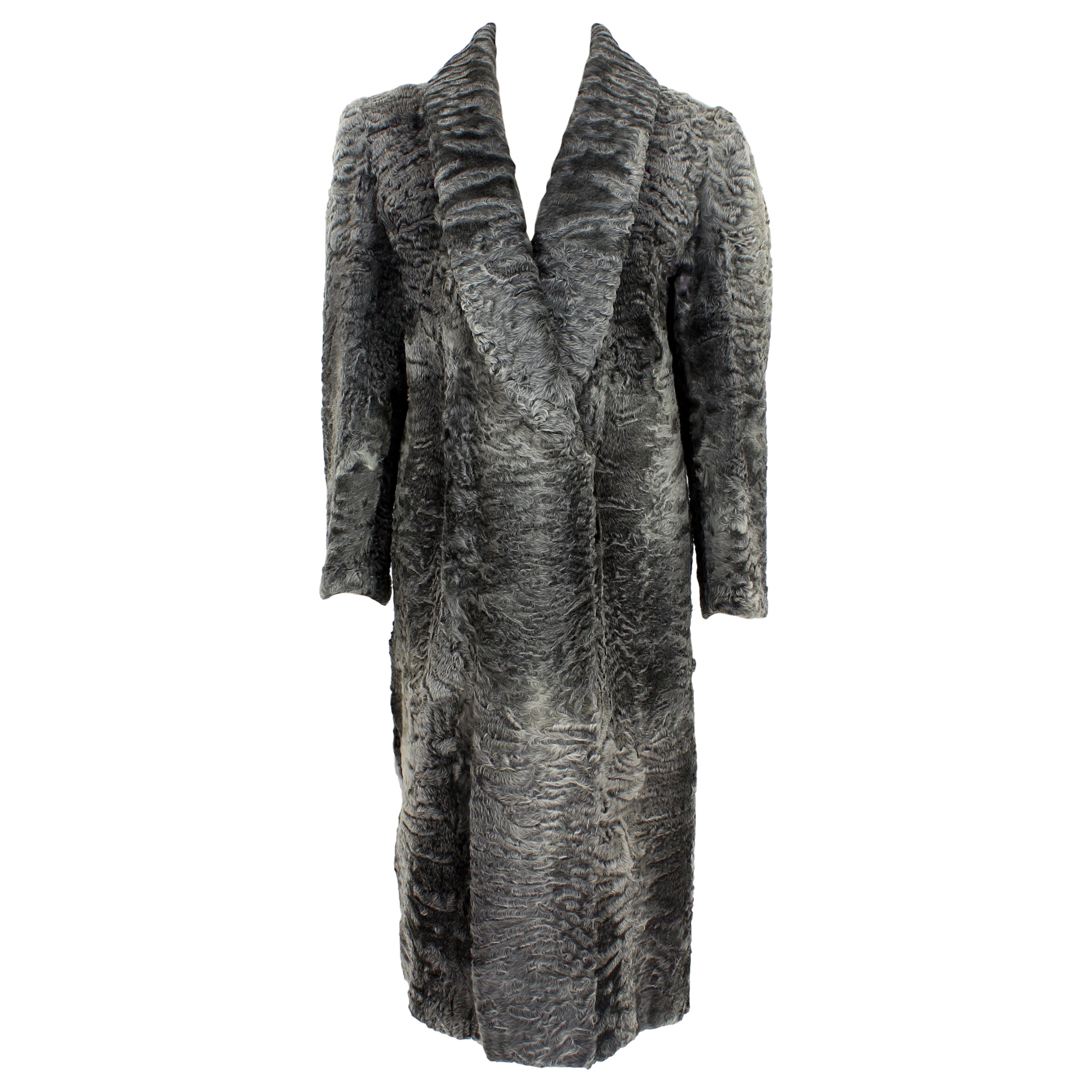Fendi Vintage 1980s Grau Astrakhan Lammfell Langer Zweireiher Mantel Made Italy