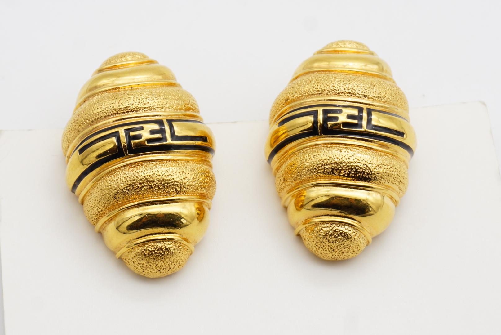 Fendi Vintage 1980s Large Fendista Logo Black F Shell Dome Chunky Gold Earrings For Sale 6