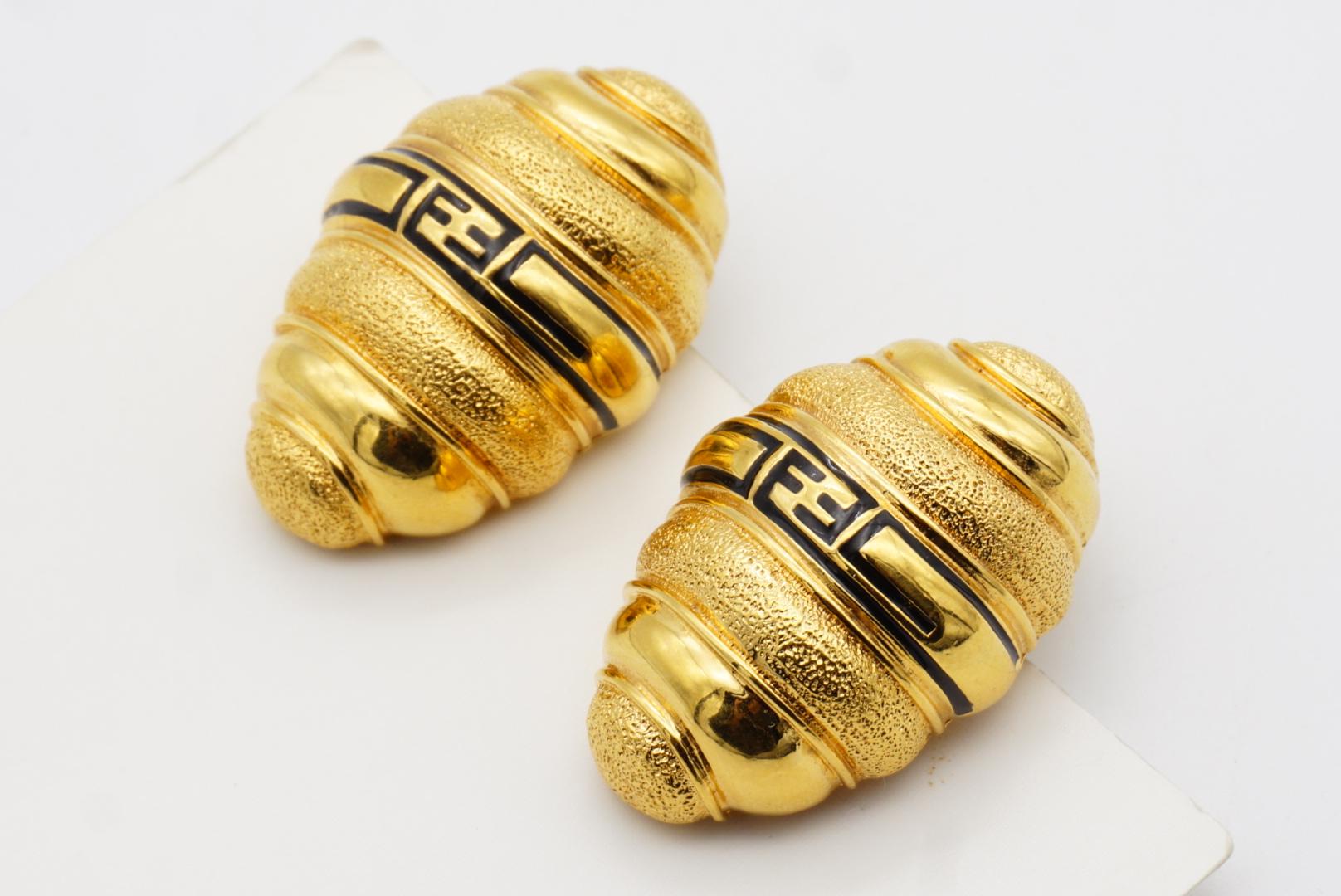 Fendi Vintage 1980s Large Fendista Logo Black F Shell Dome Chunky Gold Earrings For Sale 7