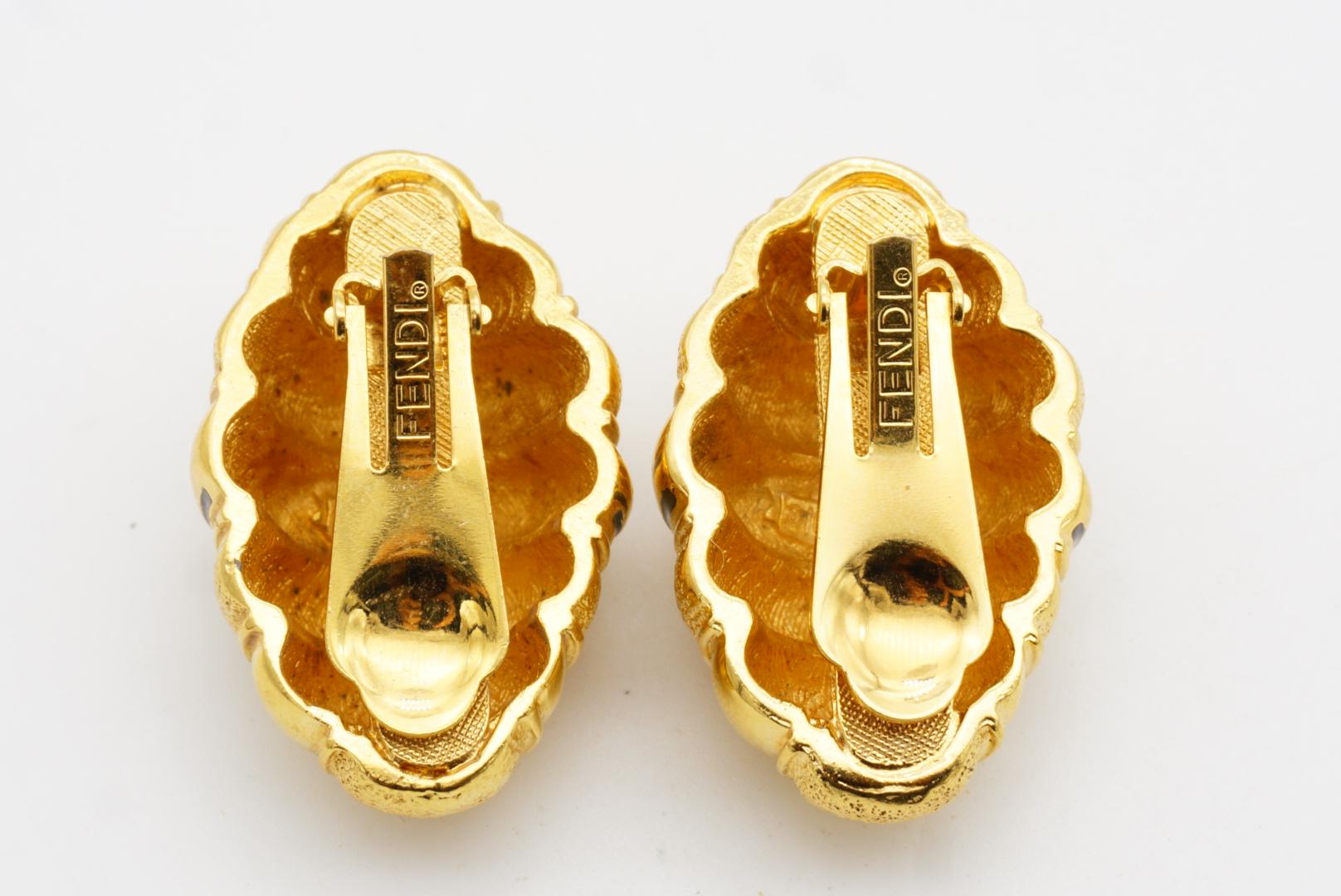 Fendi Vintage 1980s Large Fendista Logo Black F Shell Dome Chunky Gold Earrings For Sale 8