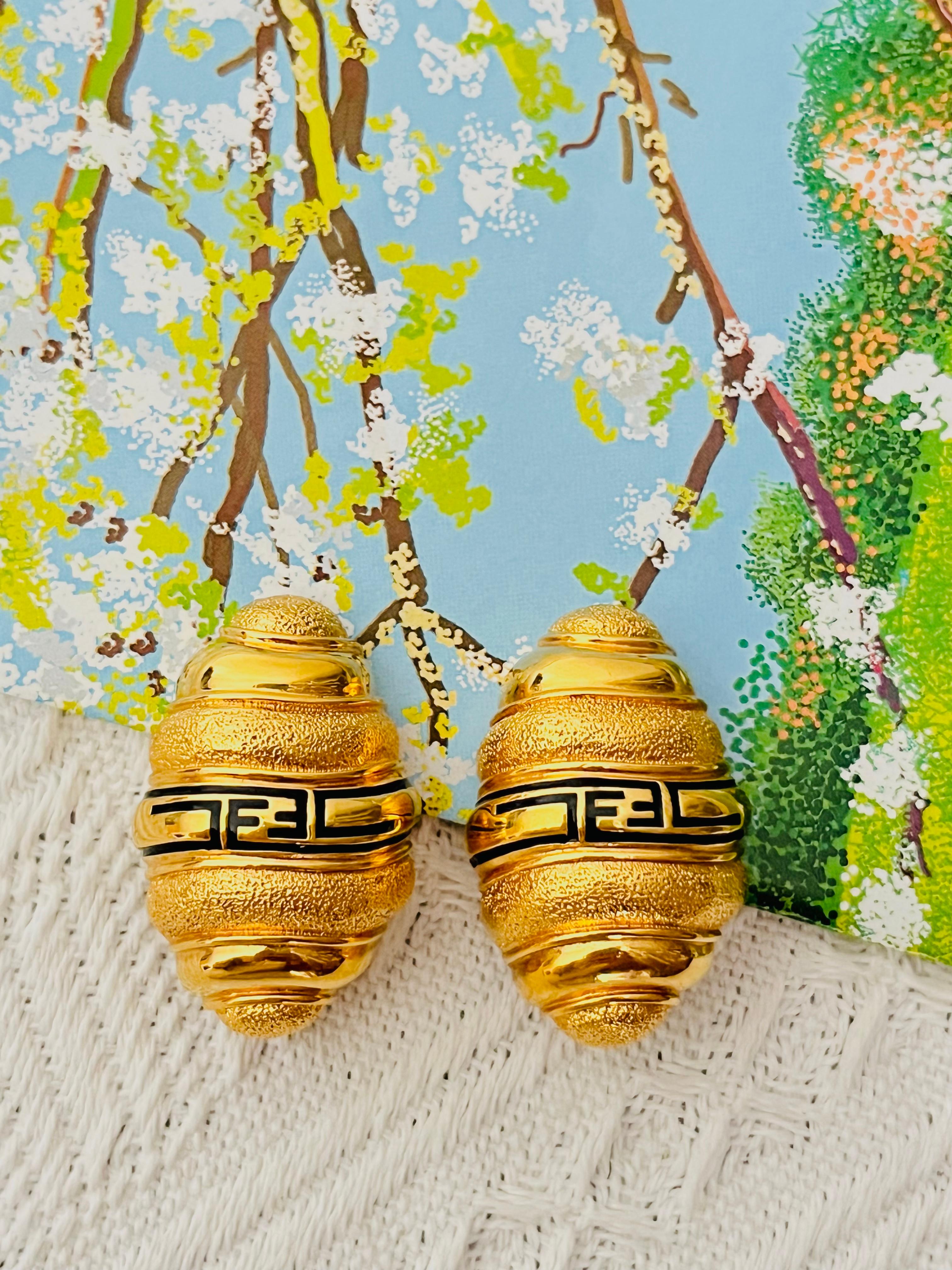 Art Deco Fendi Vintage 1980s Large Fendista Logo Black F Shell Dome Chunky Gold Earrings For Sale