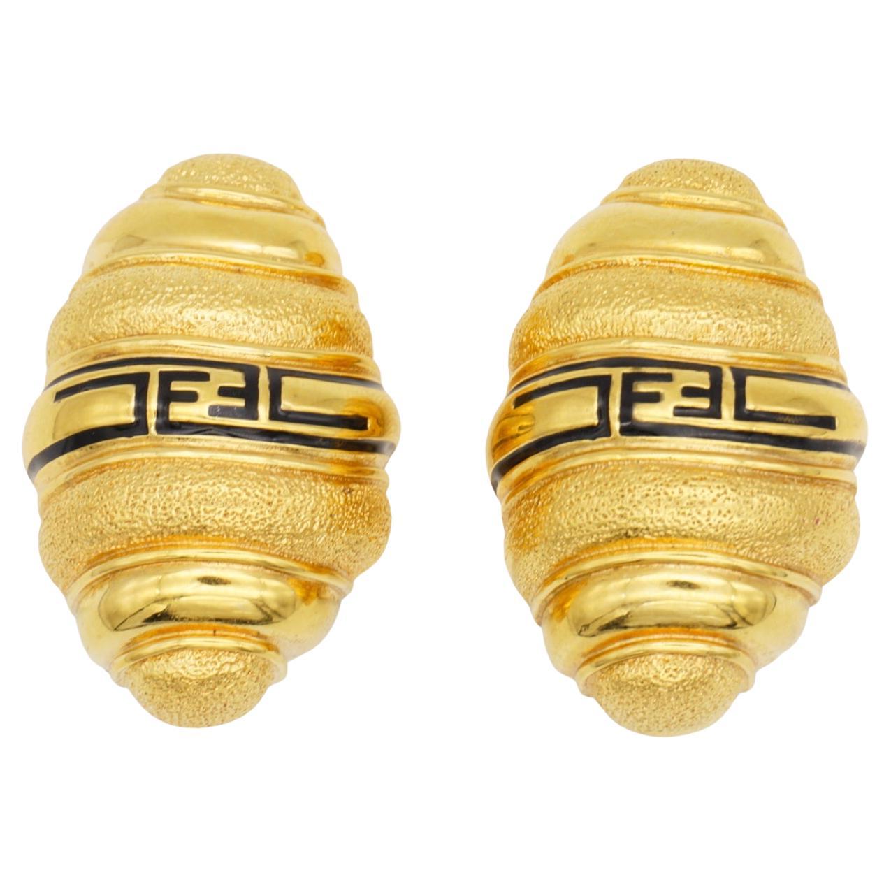 Fendi Vintage 1980s Large Fendista Logo Black F Shell Dome Chunky Gold Earrings For Sale