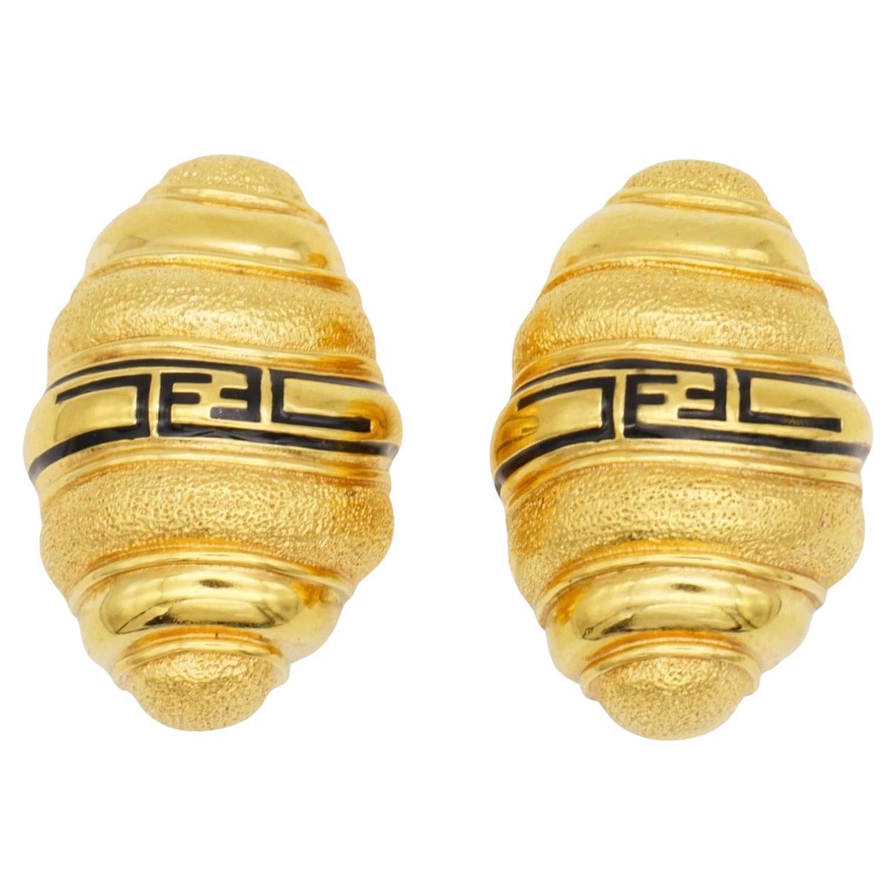Fendi Vintage 1980s Large Fendista Logo Black F Shell Dome Chunky Gold Earrings For Sale