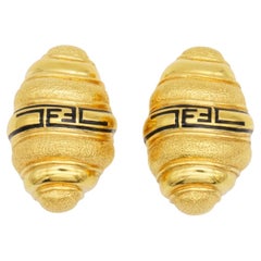 Fendi Vintage 1980s Large Fendista Logo Black F Shell Dome Chunky Gold Earrings