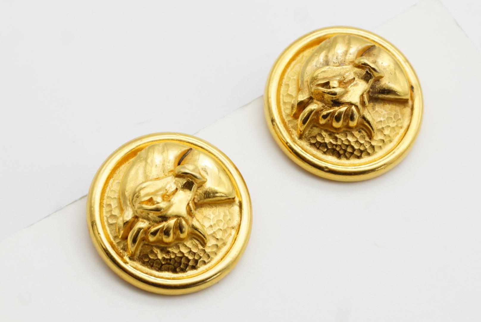 Fendi Vintage 1980s Zodiac Taurus Circle Round Relief Bull Ox Gold Clip Earrings For Sale 5