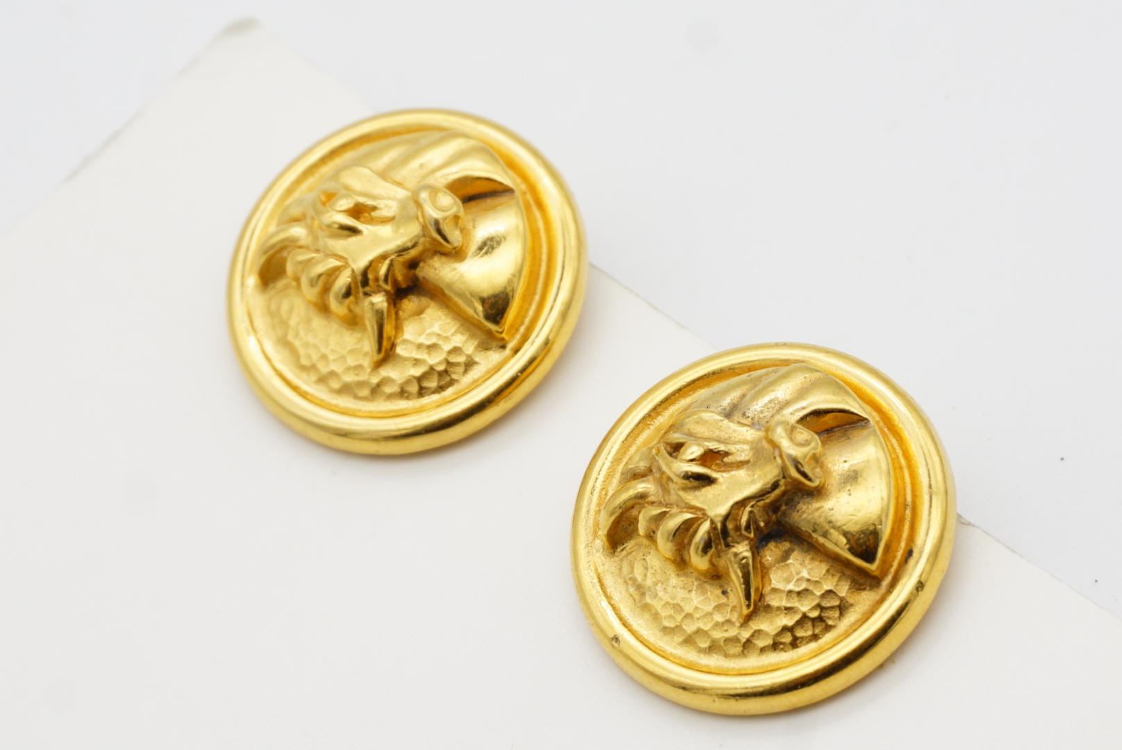 Fendi Vintage 1980s Zodiac Taurus Circle Round Relief Bull Ox Gold Clip Earrings For Sale 6
