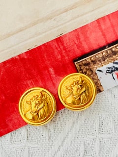 Fendi Vintage 1980s Zodiac Taurus Circle Round Relief Bull Ox Gold Clip Earrings
