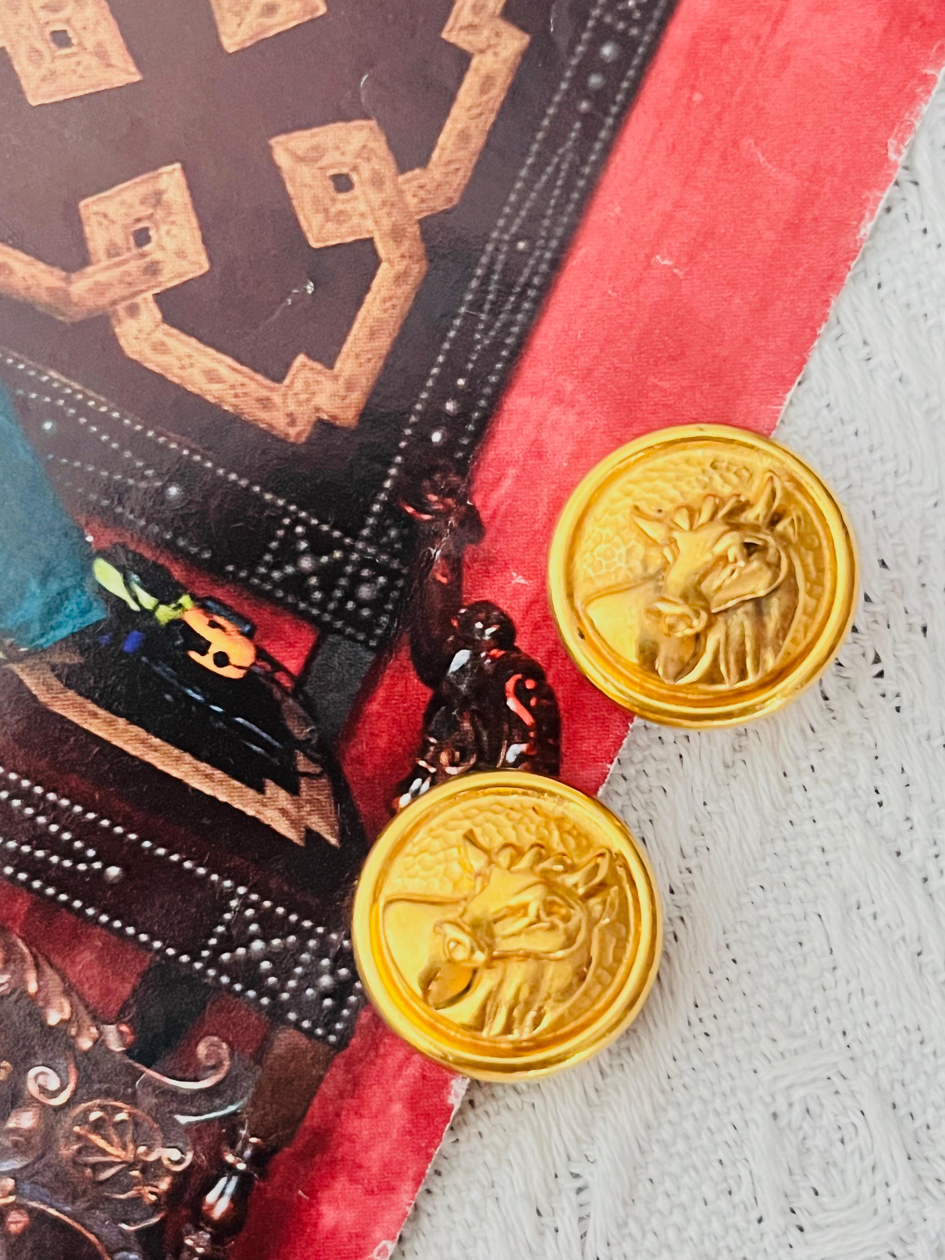 Art Deco Fendi Vintage 1980s Zodiac Taurus Circle Round Relief Bull Ox Gold Clip Earrings For Sale