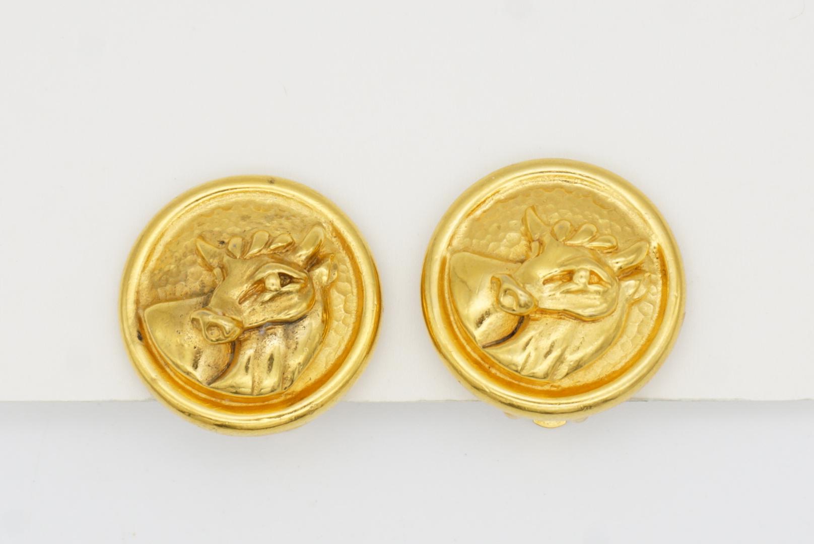 Fendi Vintage 1980s Zodiac Taurus Circle Round Relief Bull Ox Gold Clip Earrings For Sale 3