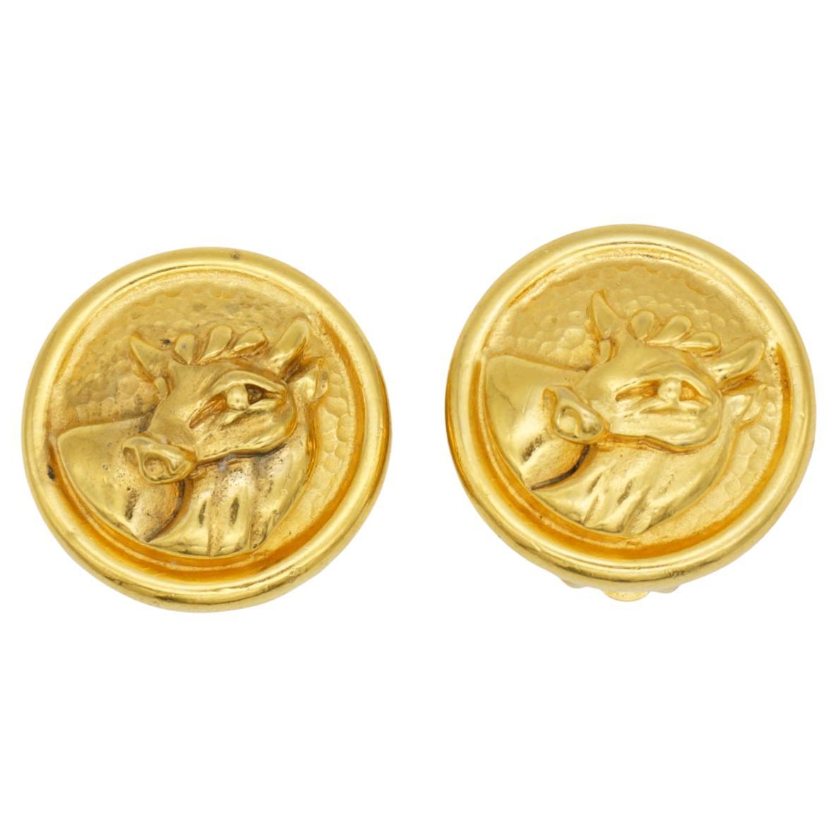 Fendi Vintage 1980s Zodiac Taurus Circle Round Relief Bull Ox Gold Clip Earrings For Sale