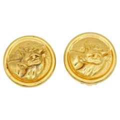 Fendi Vintage 1980s Zodiac Taurus Circle Round Relief Bull Ox Gold Clip Earrings