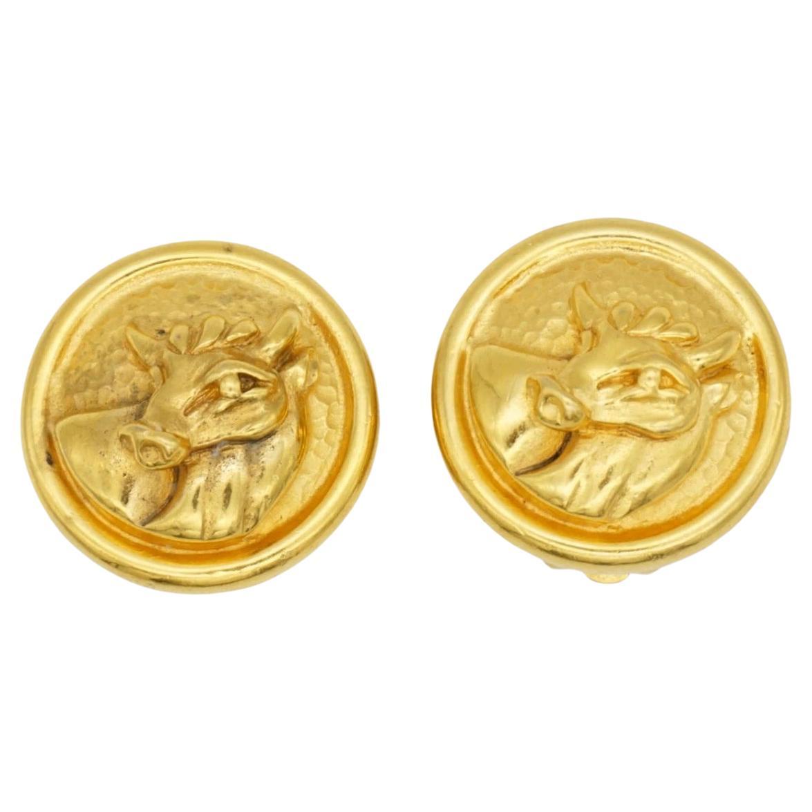 Fendi Vintage 1980s Zodiac Taurus Circle Round Relief Bull Ox Gold Clip Earrings For Sale
