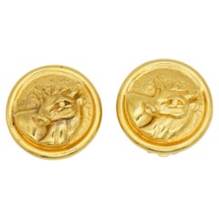Fendi Vintage 1980s Zodiac Taurus Circle Round Relief Bull Ox Gold Clip Earrings