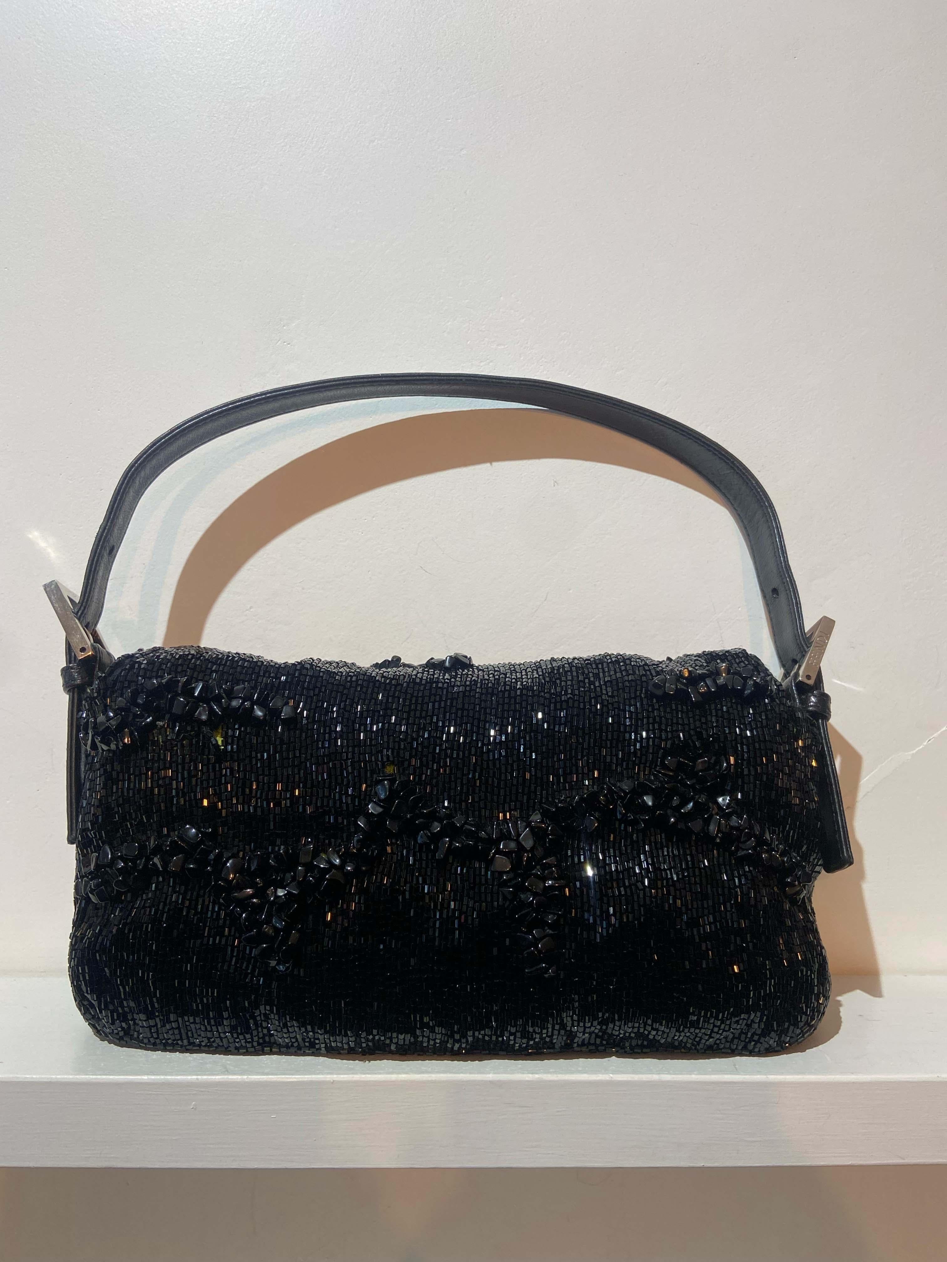 Women's or Men's Fendi  Vintage 1990's Black Beaded Baguette Bag For Sale