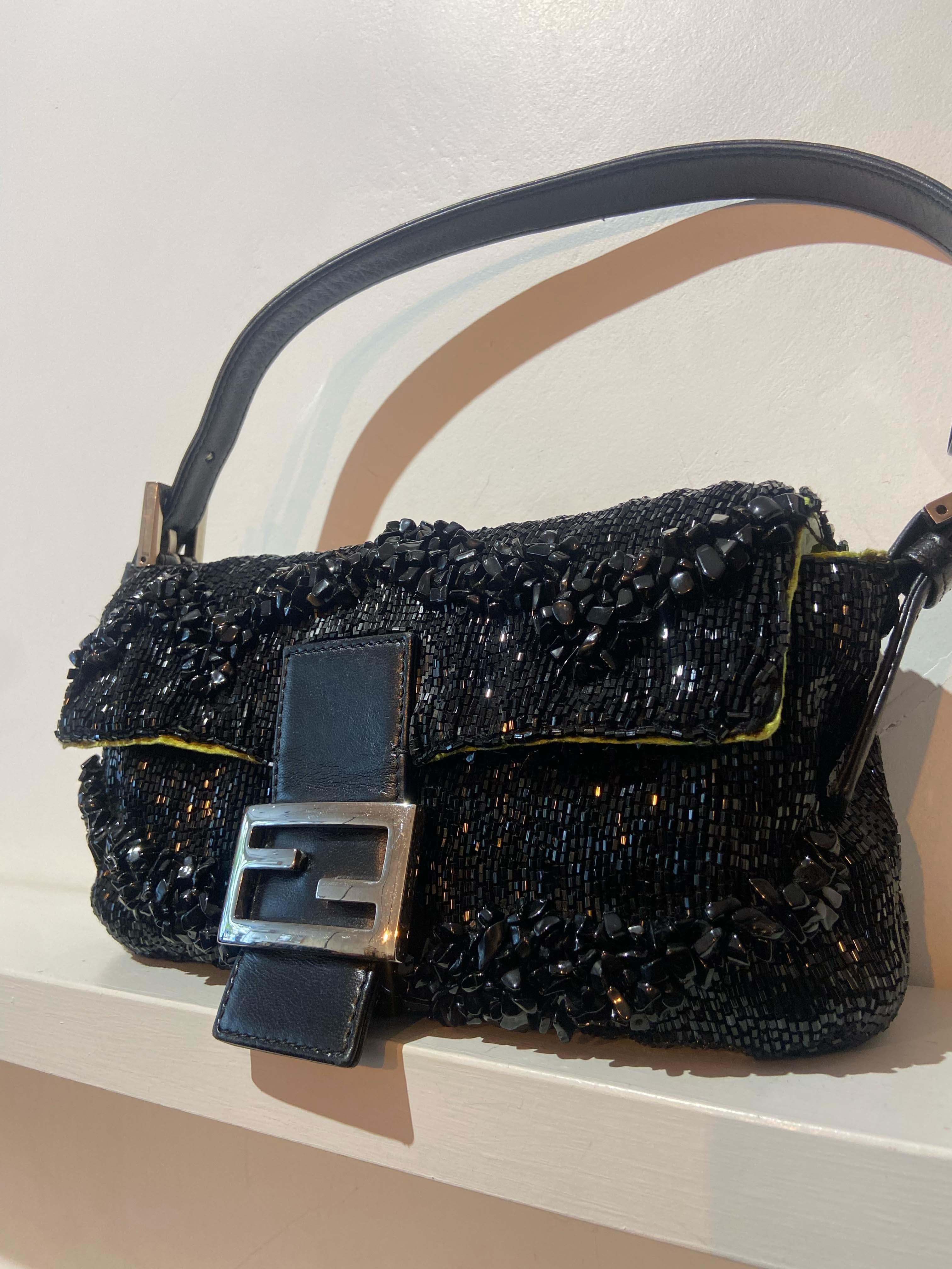 Fendi  Vintage 1990's Black Beaded Baguette Bag For Sale 3