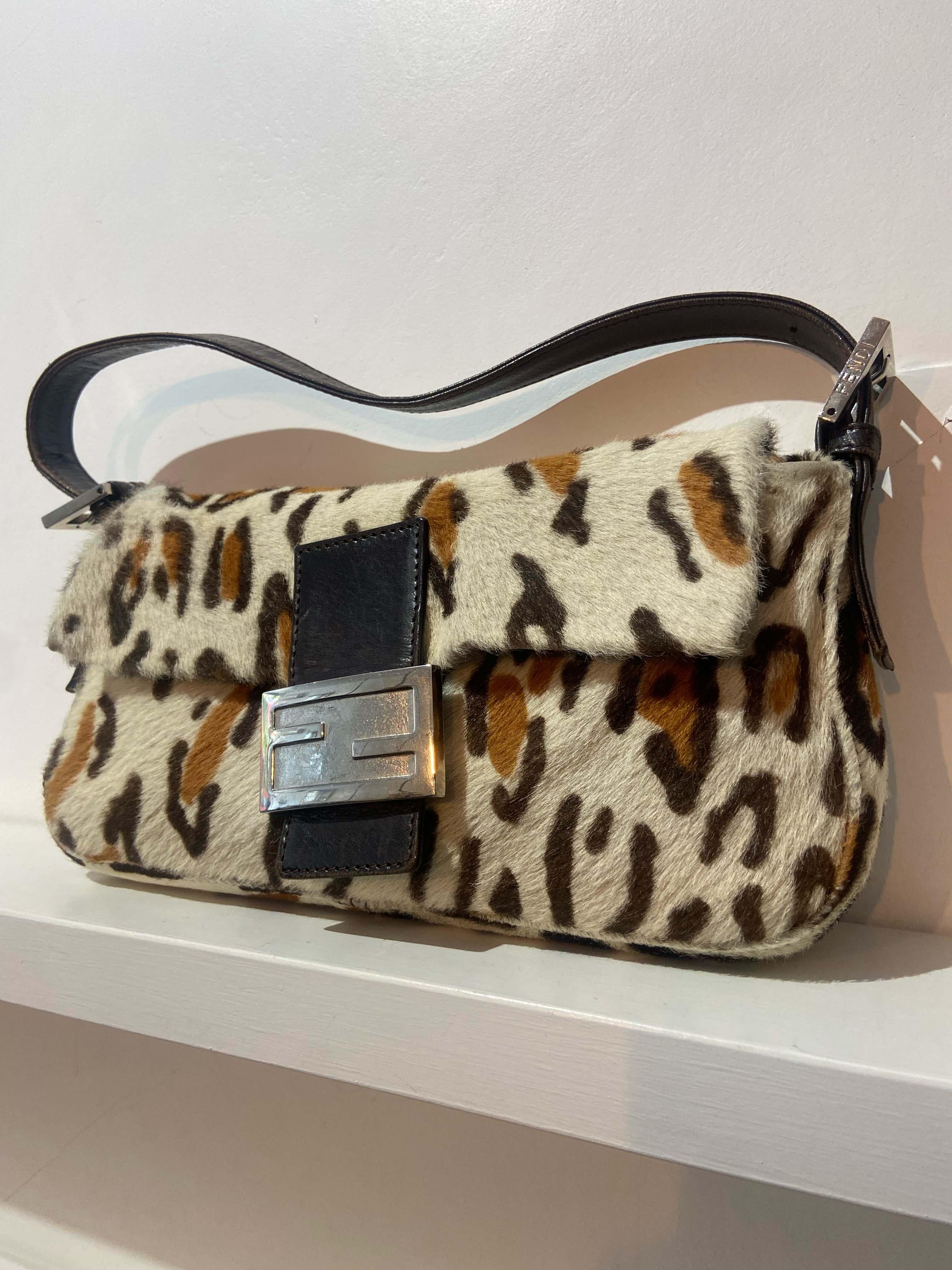 Black Fendi  Vintage 1990’s Leopard Print Pony Hair Shoulder Baguette