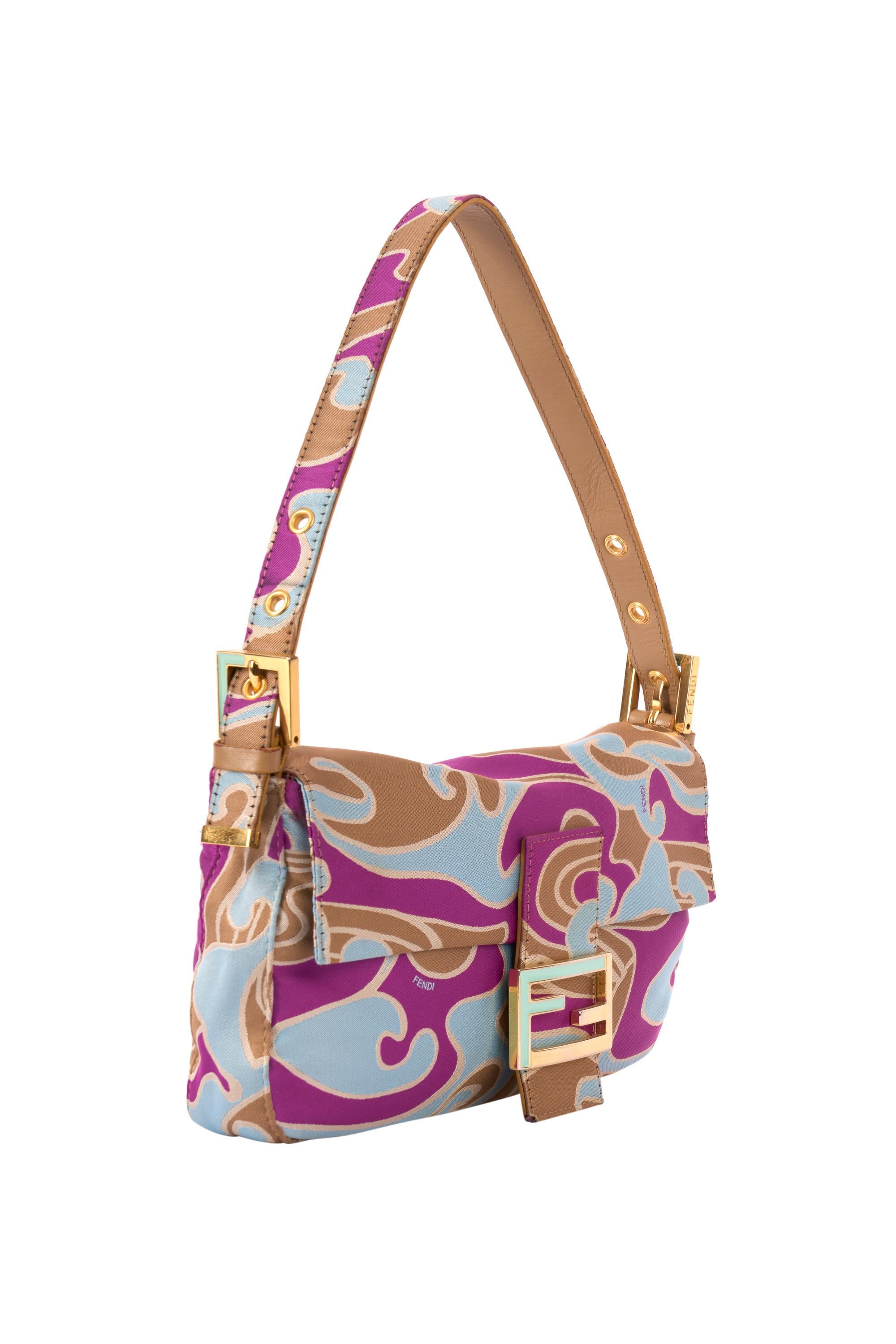 Vintage Fendi late 1990’s shoulder baguette bag. Features the rare psychedelic swirl print in a satin fabric, adjustable leather and satin  strap with Fendi branded hardware buckles, iconic Fendi satin and metal front flap with magnetic closure and