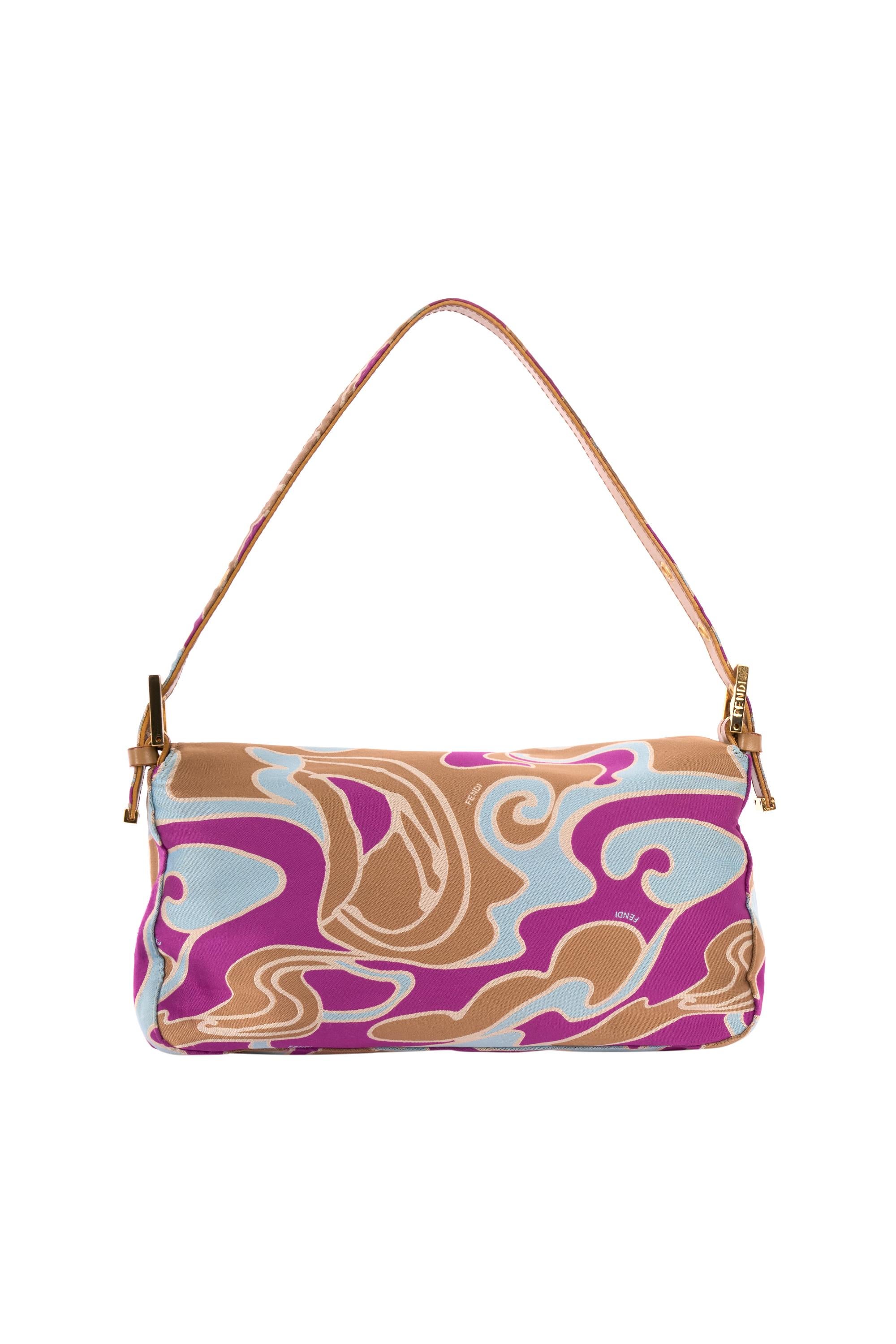 Beige Fendi Vintage 1990's Psychedelic Satin Swirl Print Baguette Bag