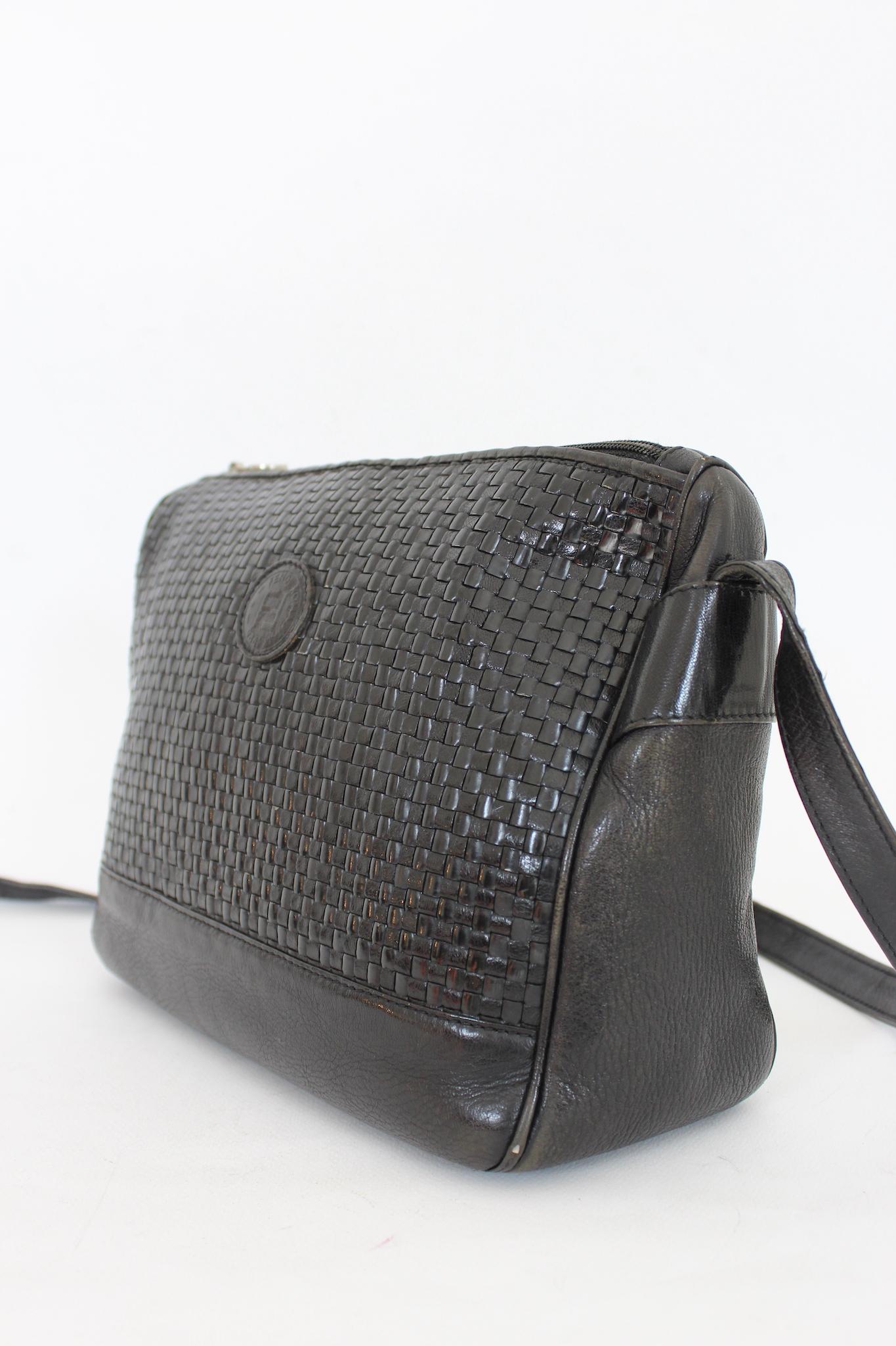  Fendi Vintage 80s Shoulder Bag Woven Leather Black Pour femmes 