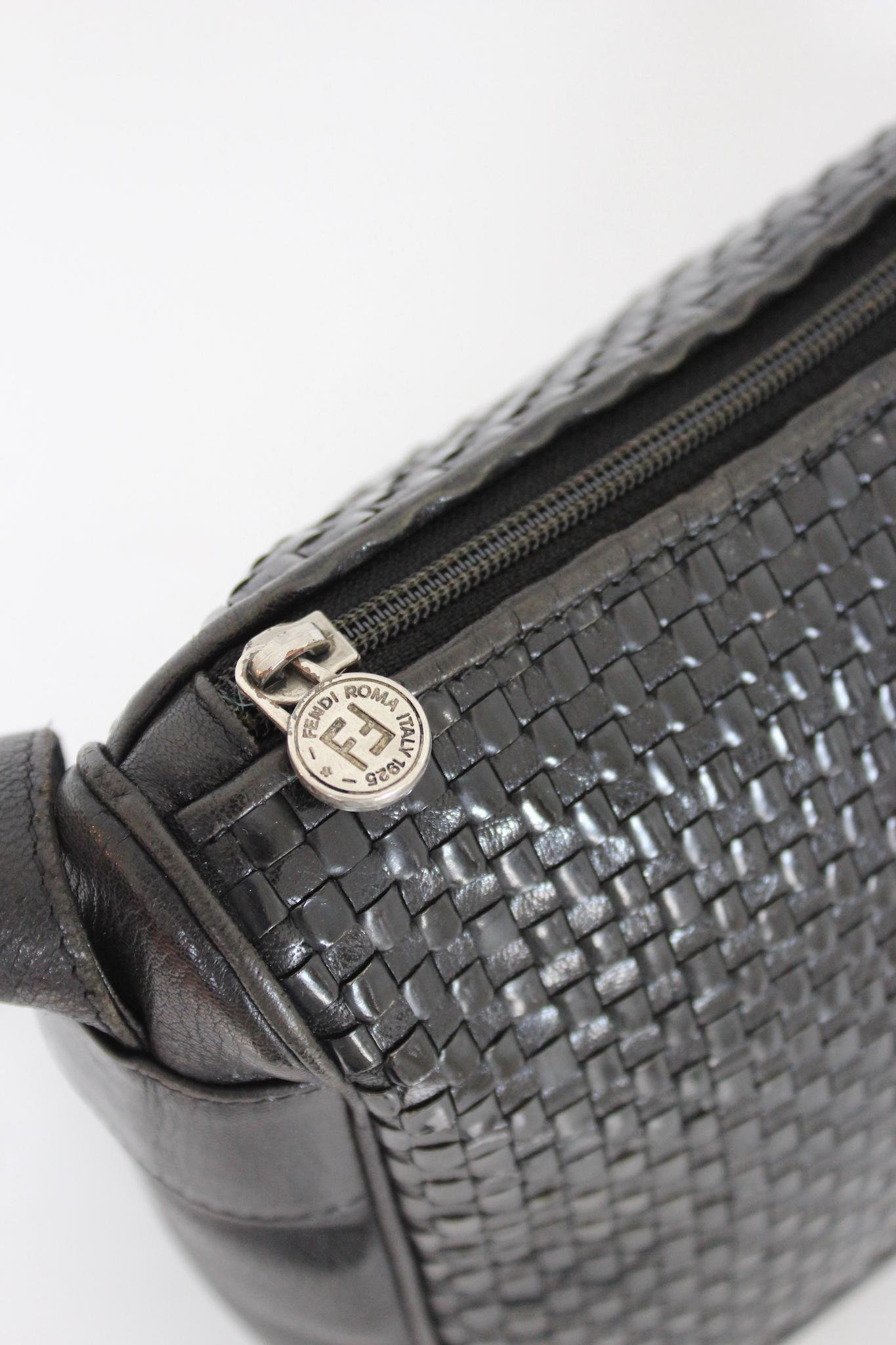 Fendi Vintage 80s Shoulder Bag Woven Leather Black 1