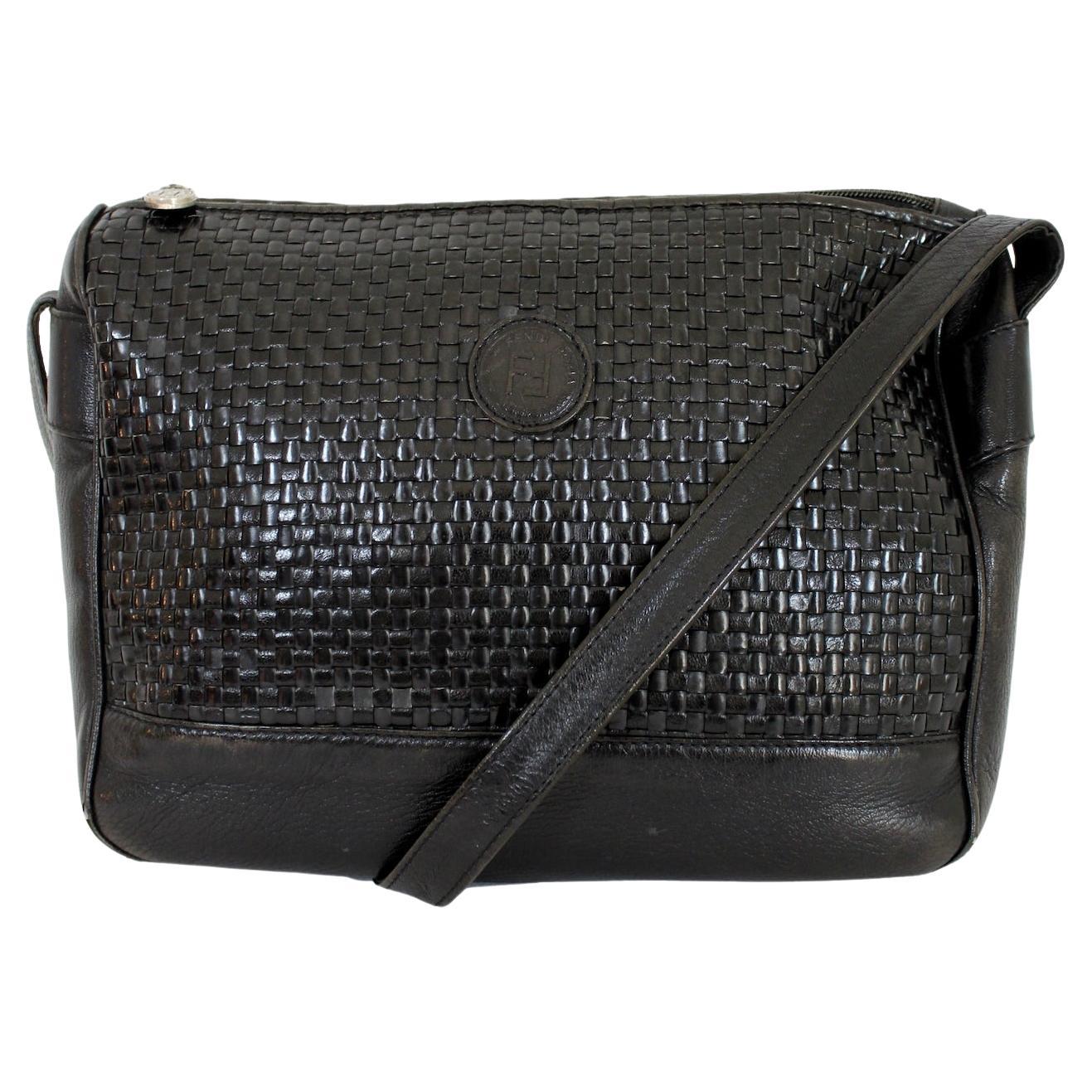 Fendi Vintage 80s Shoulder Bag Woven Leather Black