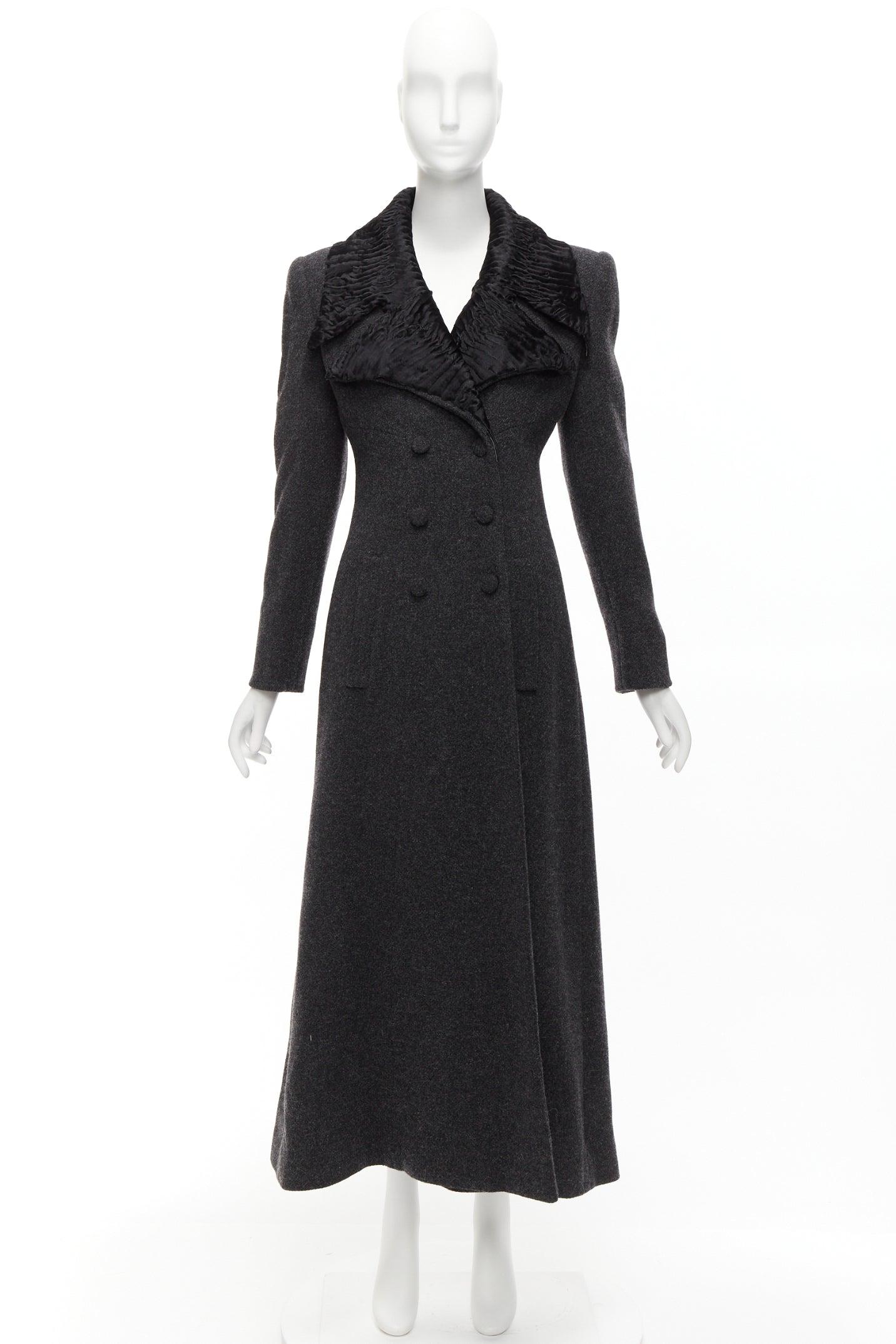 FENDI Vintage Astrakhan fur collar grey virgin wool blend longline coat IT42 M For Sale 6