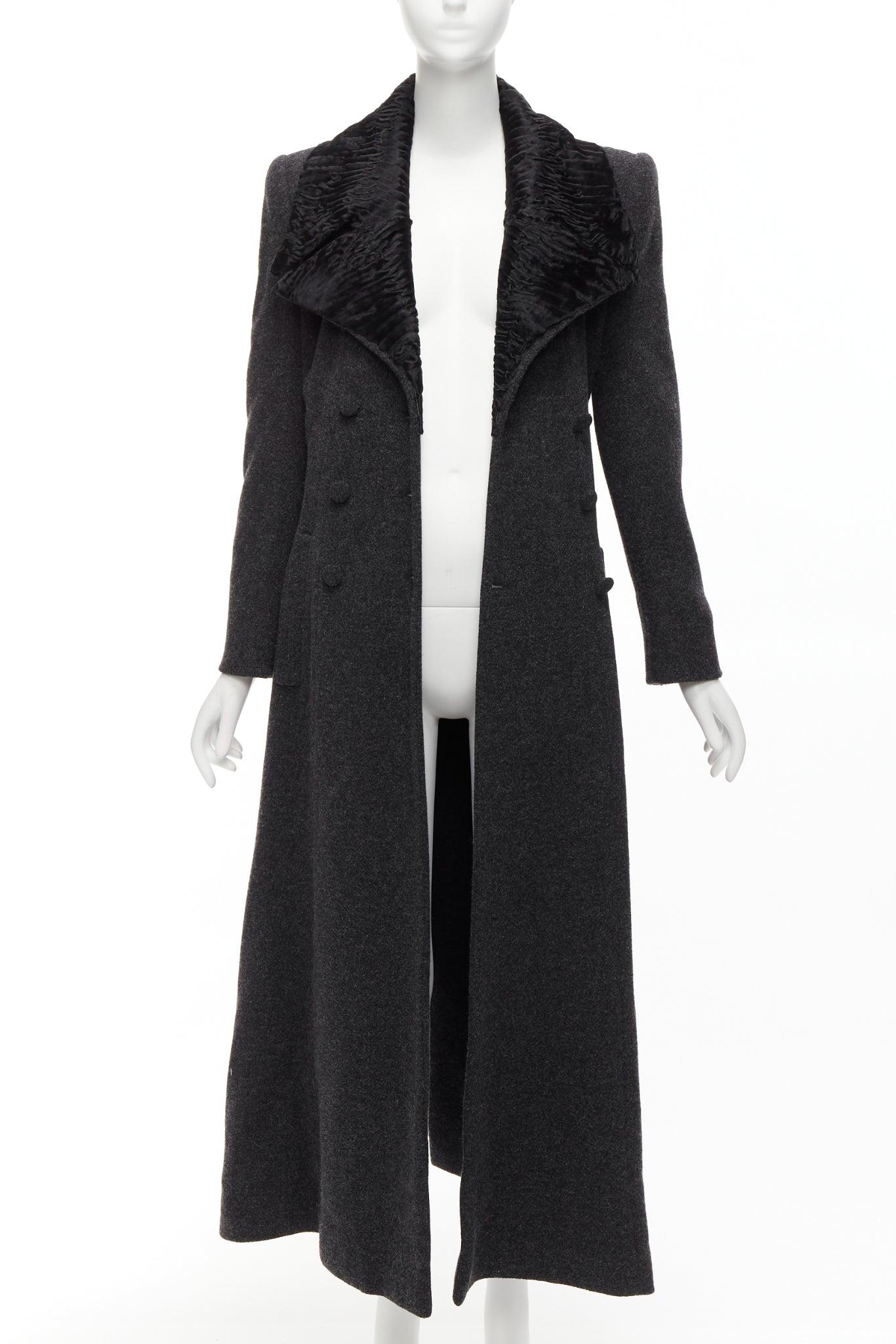 Nero Fendi Vintage Astrakhan collo di pelliccia grigio misto lana vergine cappotto longilineo IT42 M. in vendita