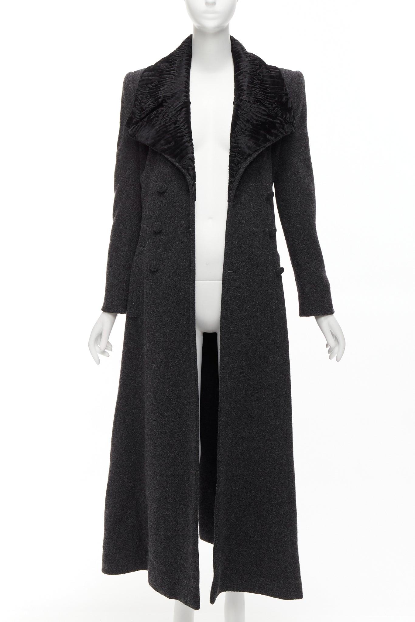 FENDI Vintage Astrakhan fur collar grey virgin wool blend longline coat IT42 M In Excellent Condition For Sale In Hong Kong, NT