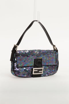 Fendi Vintage Baguette Bag in Black Iridescent Sequins and Pony Hair Trim