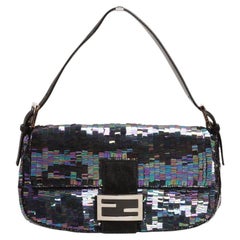 Fendi Vintage Baguette Bag in Black Iridescent Sequins and Pony Hair Trim