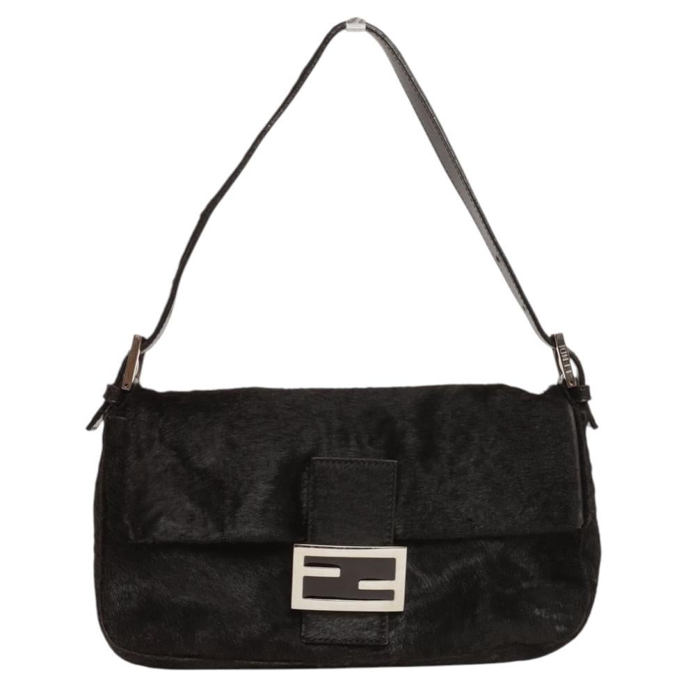Fendi Vintage Baguette-Tasche aus schwarzem Ponyhaar-Leder mit silberfarbenen Metallbeschlägen