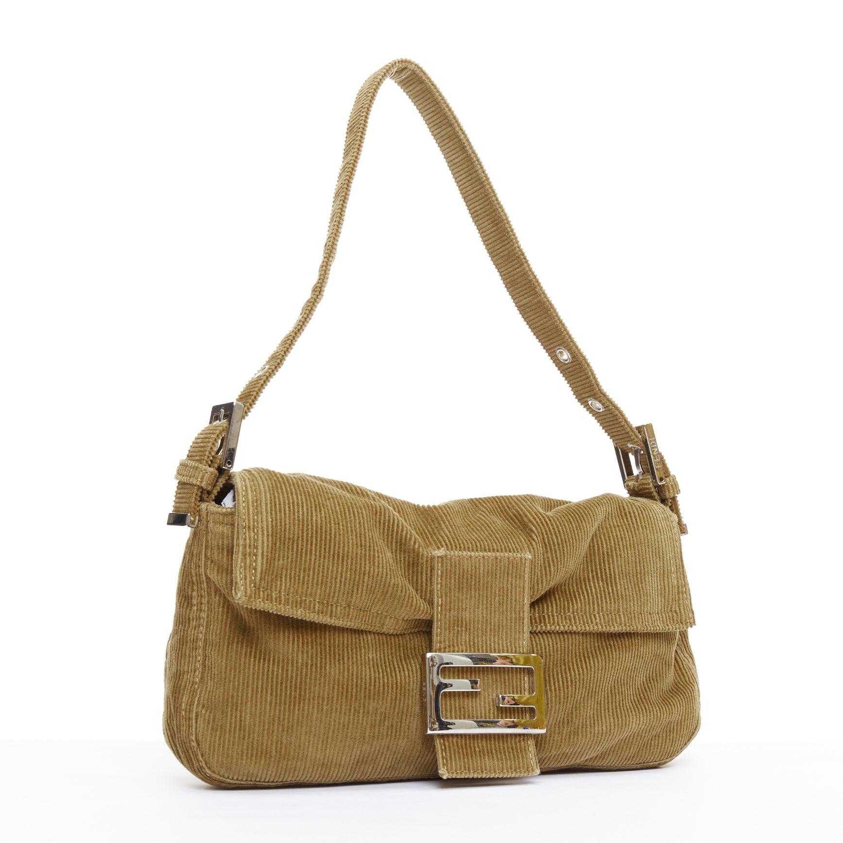 Brown FENDI Vintage Baguette brown corduroy silver FF logo buckle underarm bag