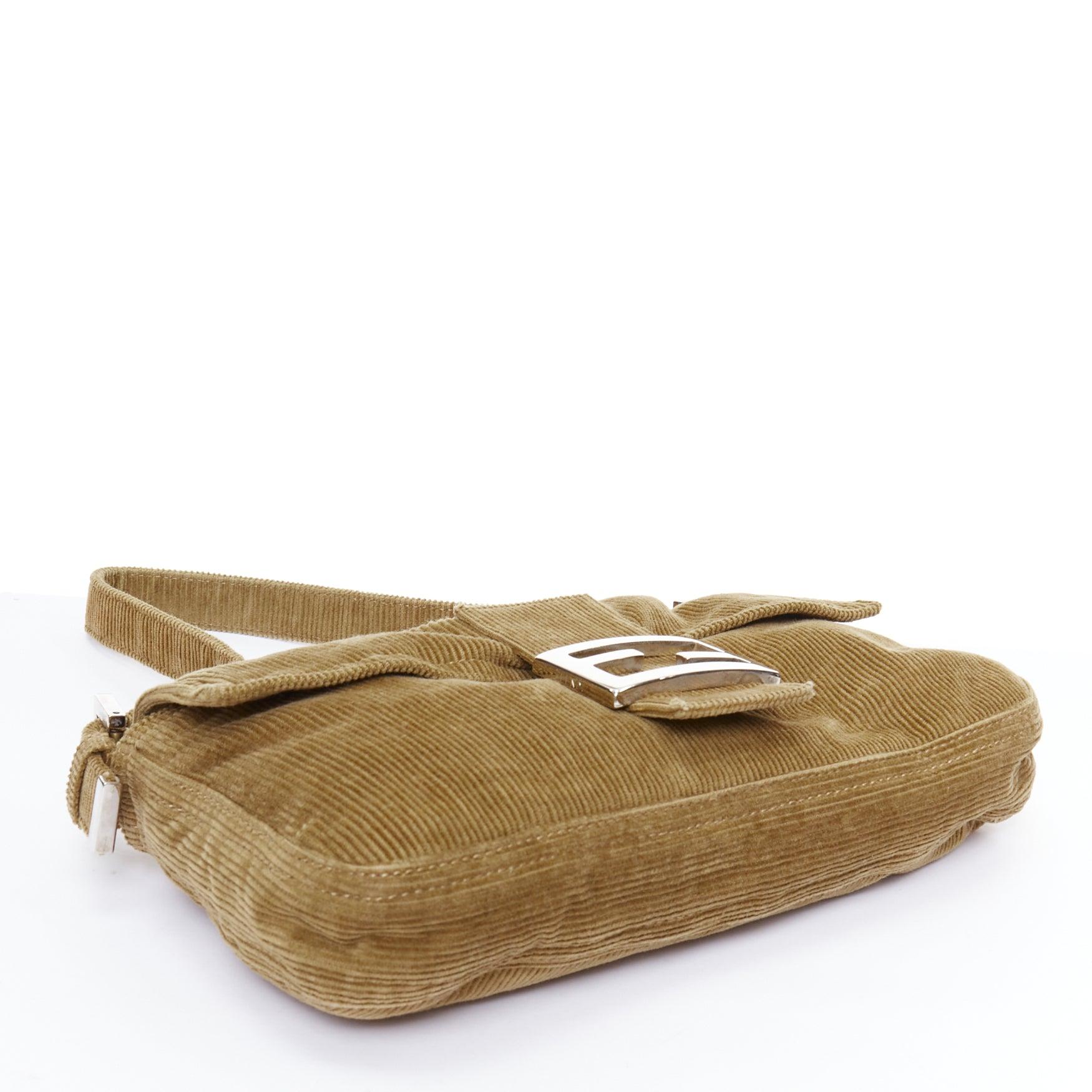 Women's FENDI Vintage Baguette brown corduroy silver FF logo buckle underarm bag