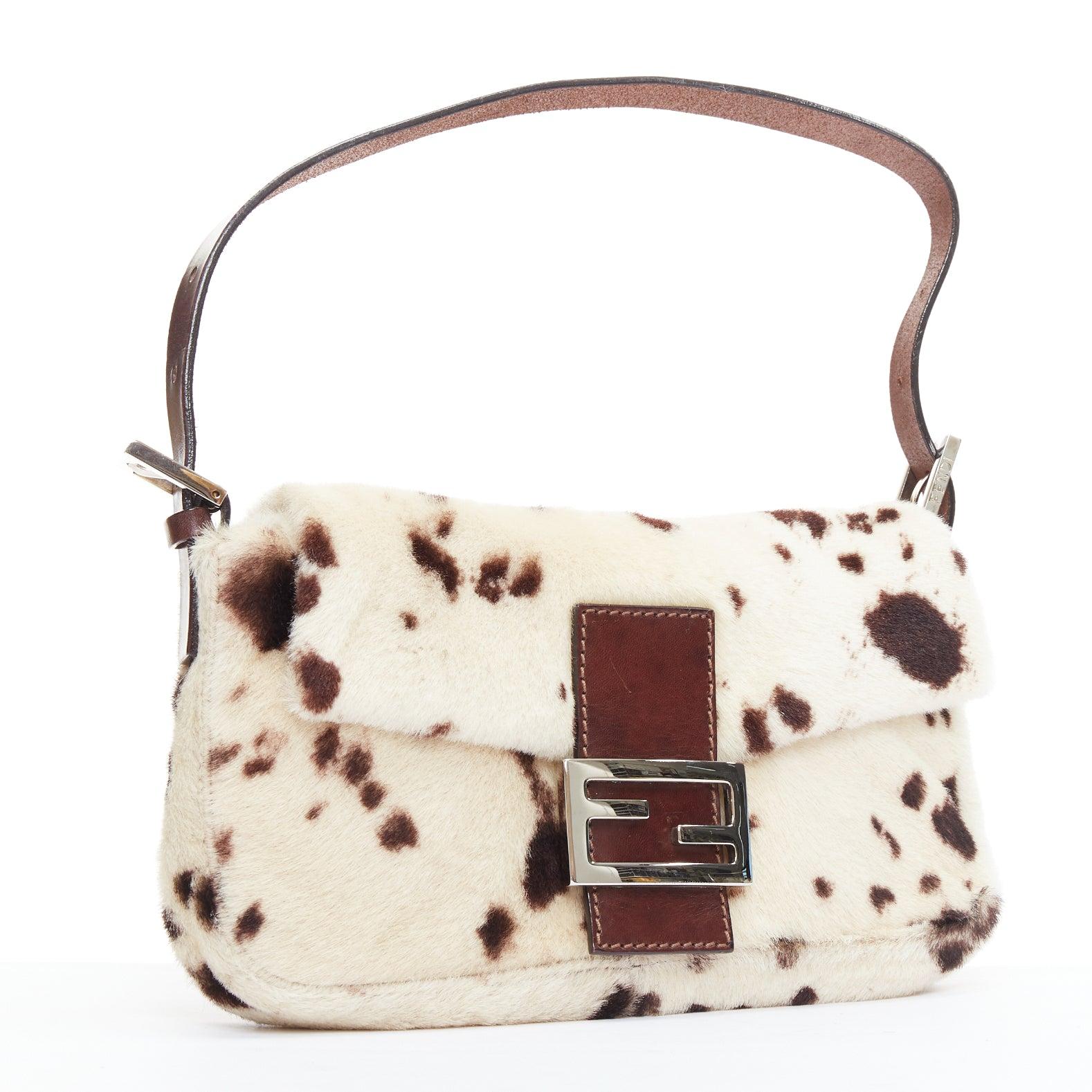 White FENDI Vintage Baguette brown cream calfhair dalmatian underarm bag