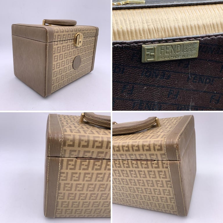 Fendi Vintage Beige Monogram Canvas Beauty Bag Train Case Handbag For