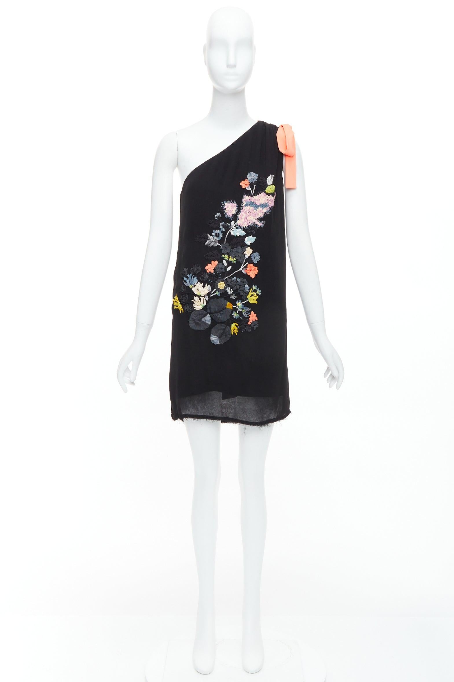 FENDI Vintage negro coral floral adornado un hombro vestido IT42 M 4