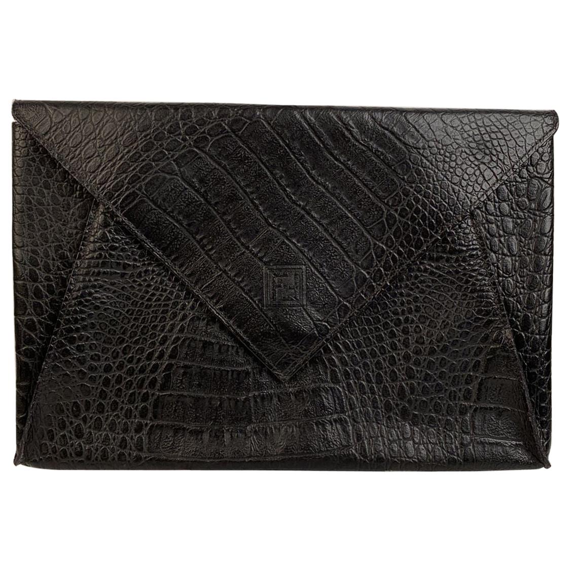Fendi Vintage Black Embossed Portfolio Envelope Clutch Bag