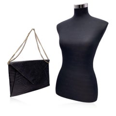 Fendi Vintage Black Embossed Portfolio Envelope Clutch Bag with Chain