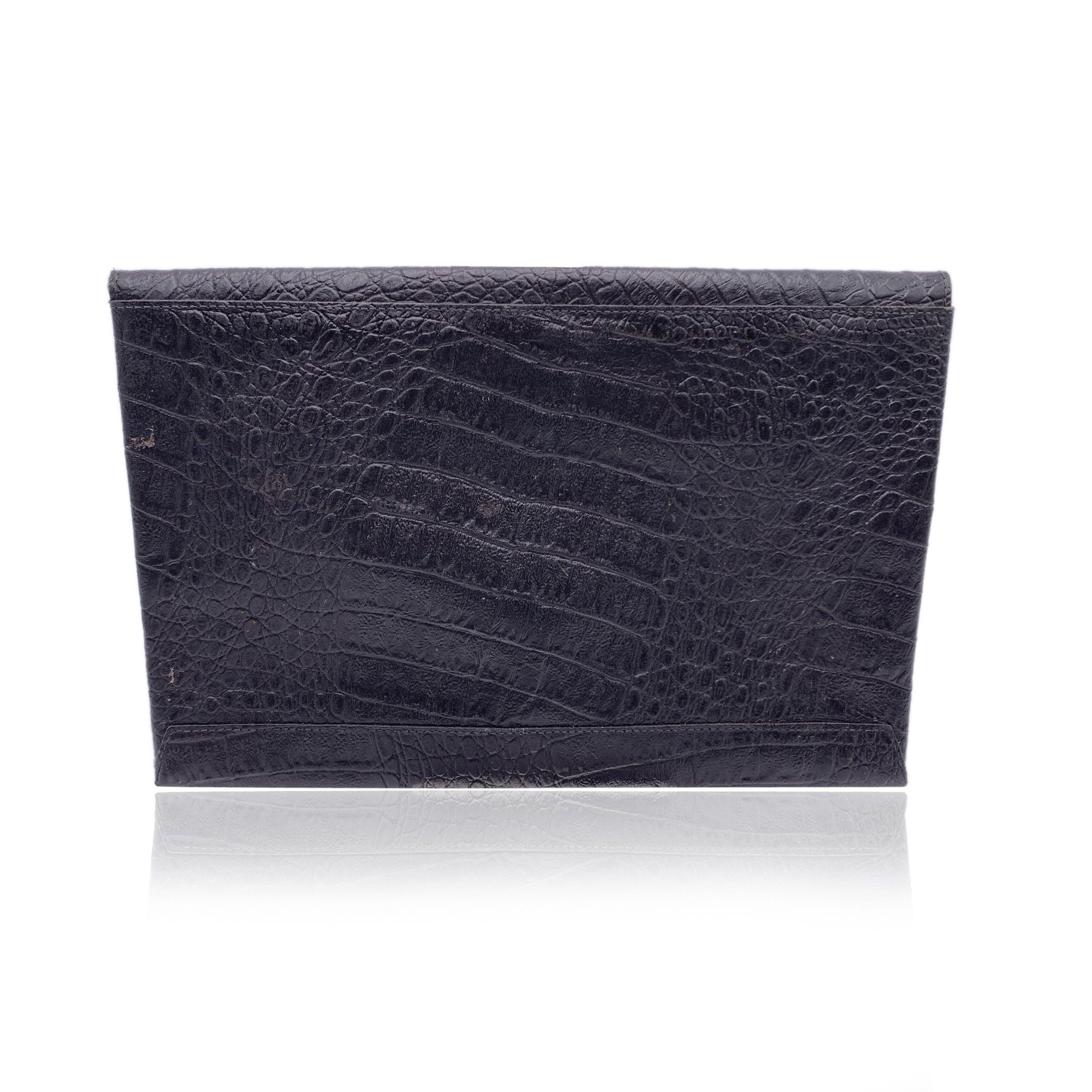 Women's Fendi Vintage Black Embossed Portfolio Envelope Clutch Bag with Chain